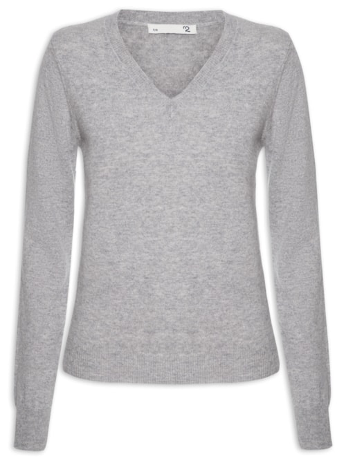 Suéter Feminino Puro Cashmere Gola V - Cinza