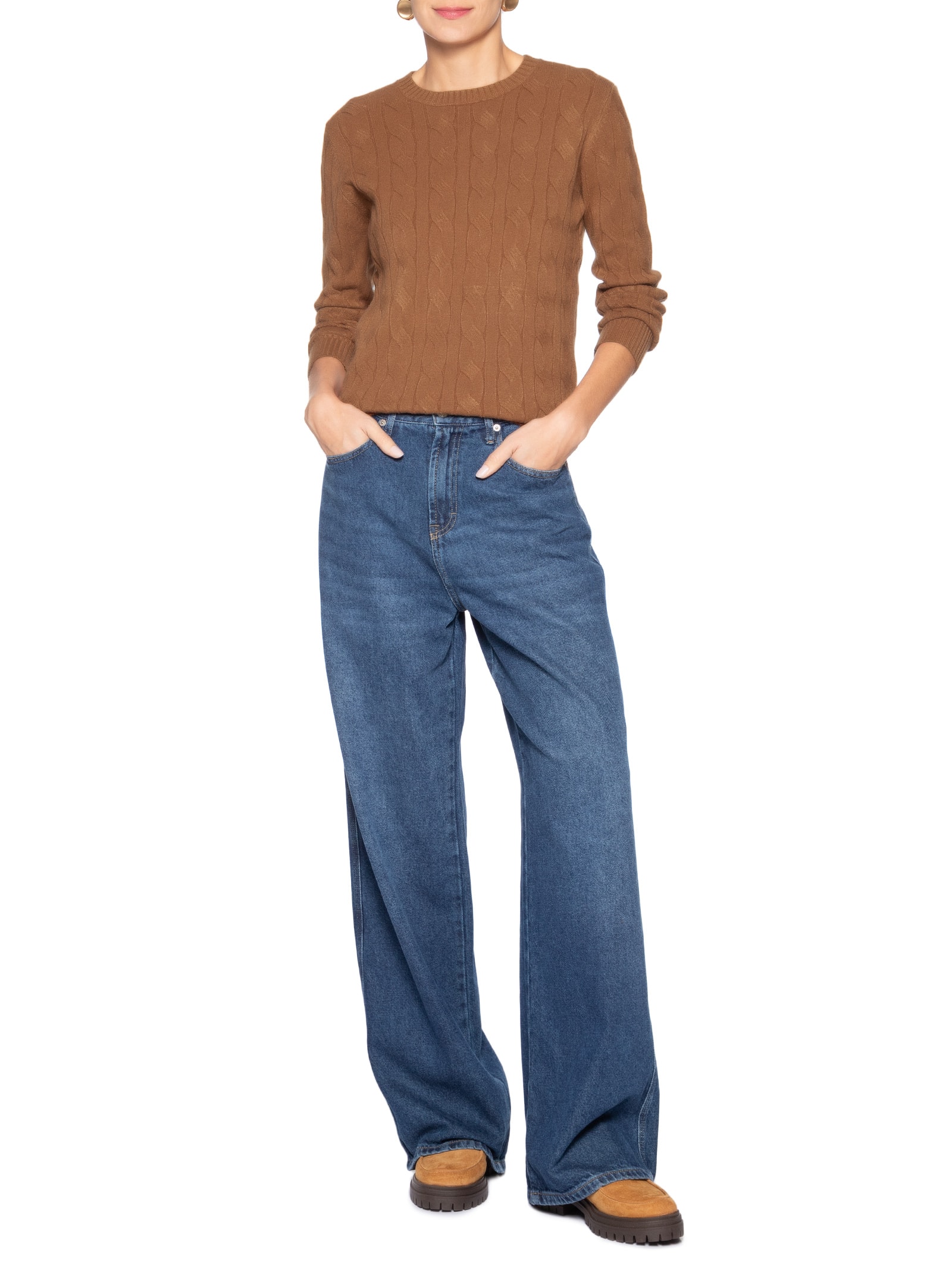 Suéter Feminino Texturizado Em Tricot Bege Basiq