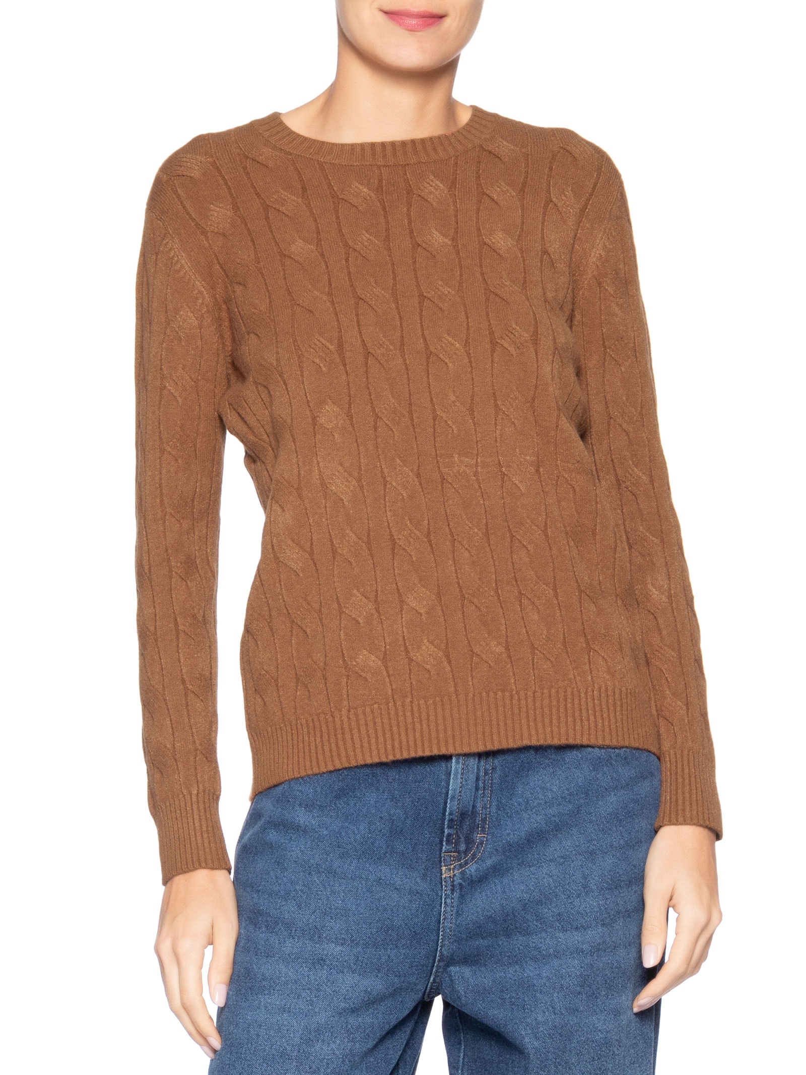 Suéter Feminino Texturizado Em Tricot Bege Basiq