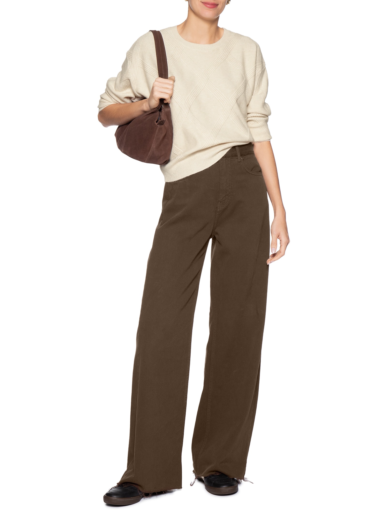 Suéter Feminino Texturizado Em Tricot Bege Basiq