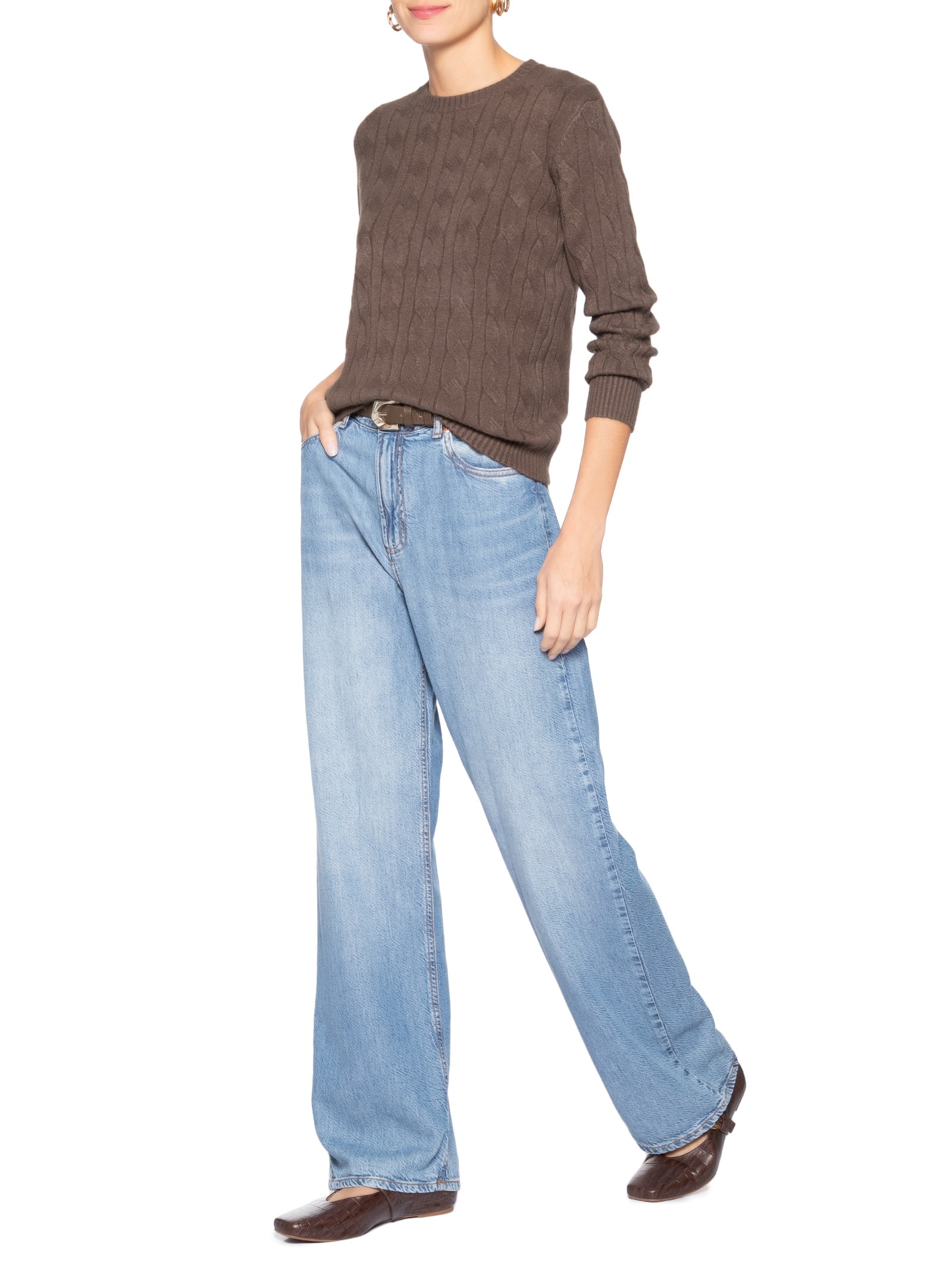 Suéter Feminino Texturizado Em Tricot Marrom Basiq