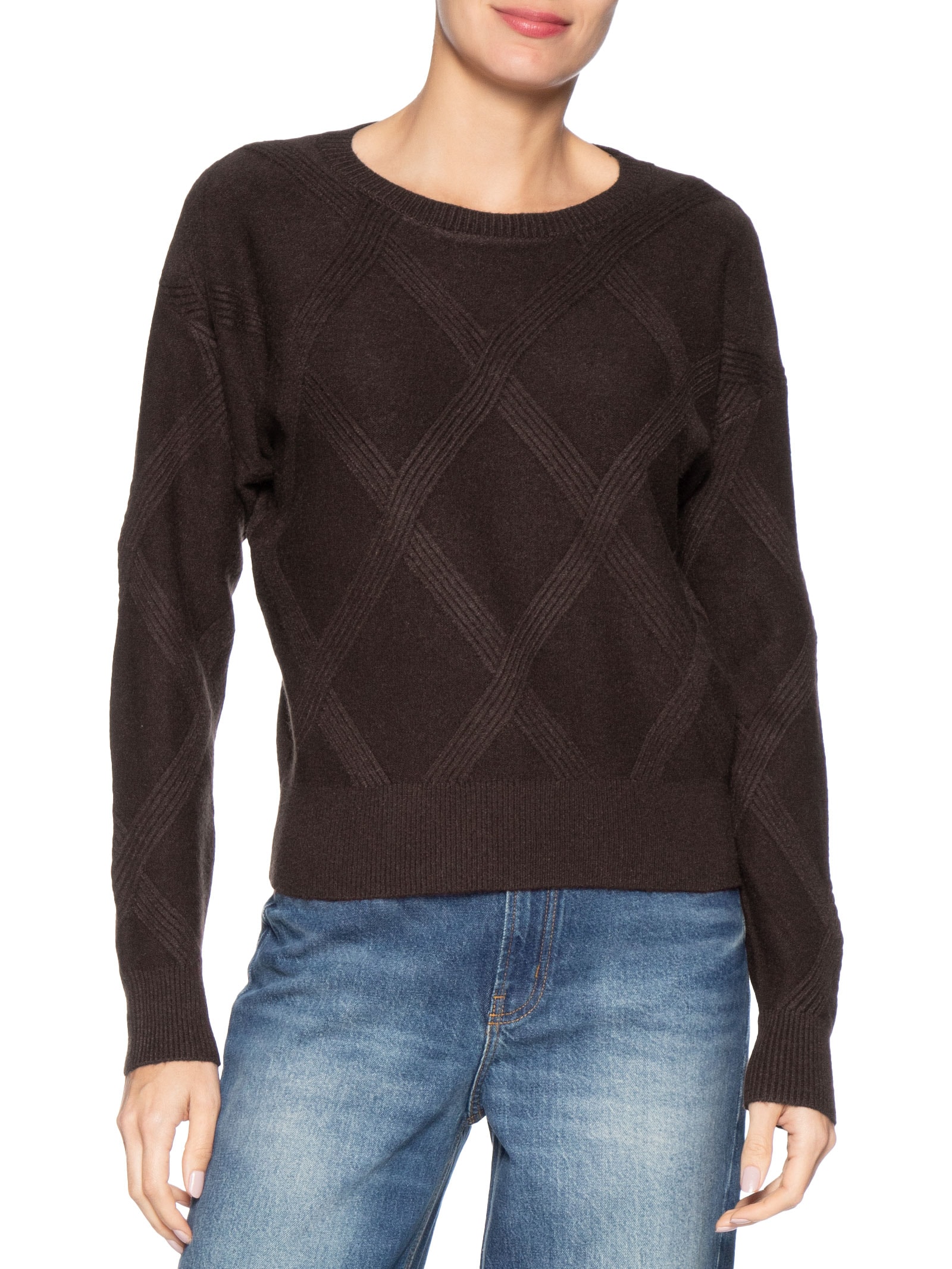 Suéter Feminino Texturizado Em Tricot Marrom Basiq