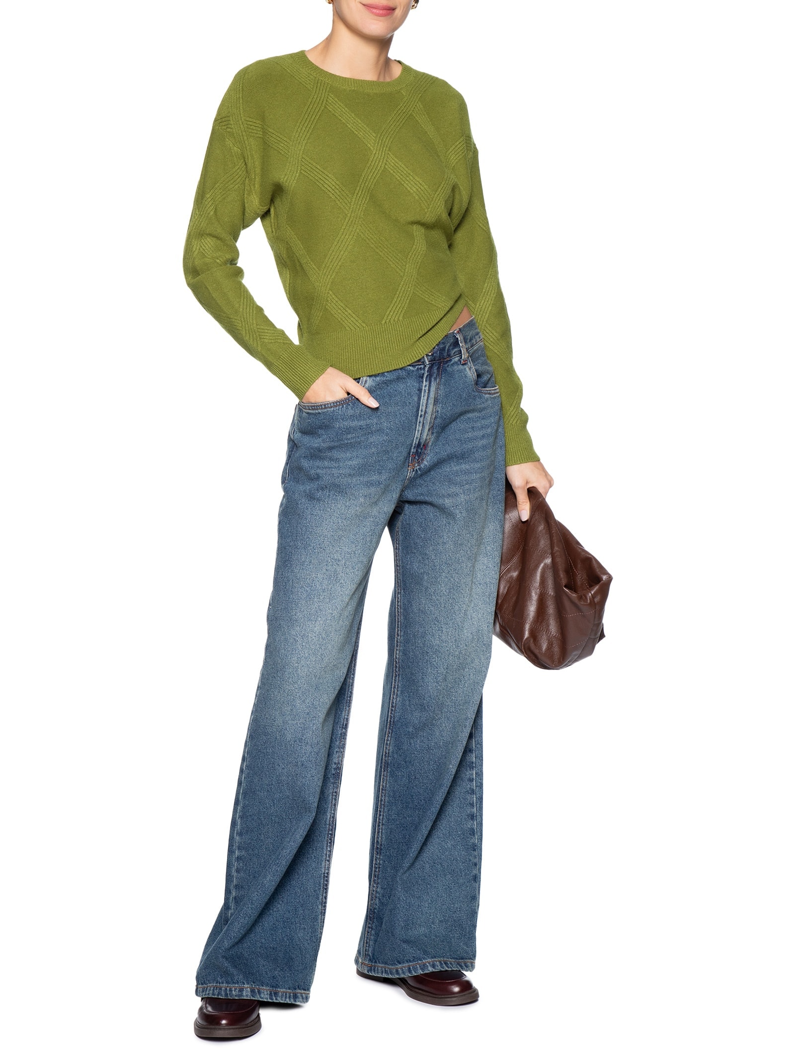 Suéter Feminino Texturizado Em Tricot Verde Basiq
