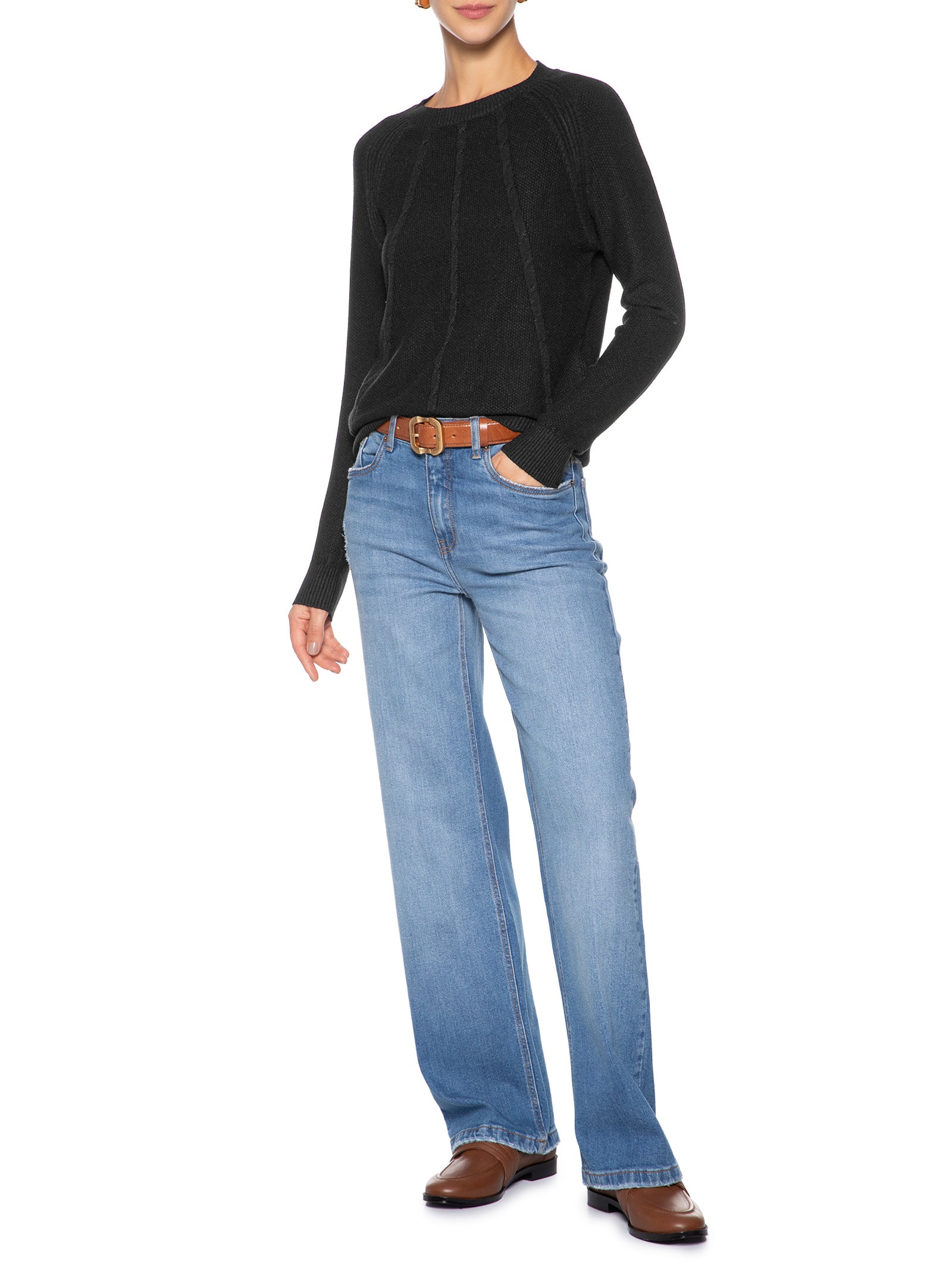 Suéter Feminino Texturizado Gola Careca Preto Basiq