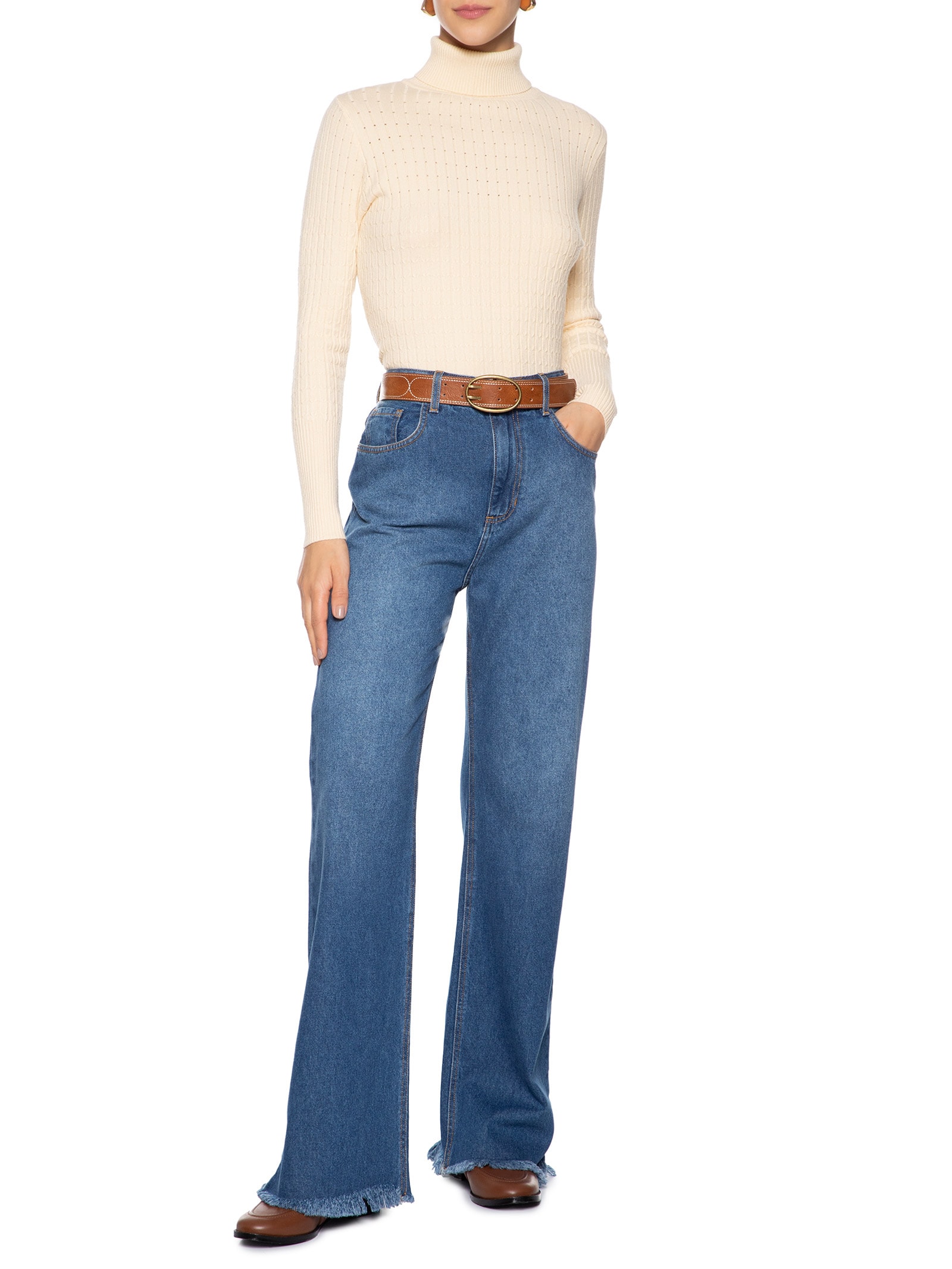 Suéter Feminino Texturizado Gola Role Amarelo  Basiq