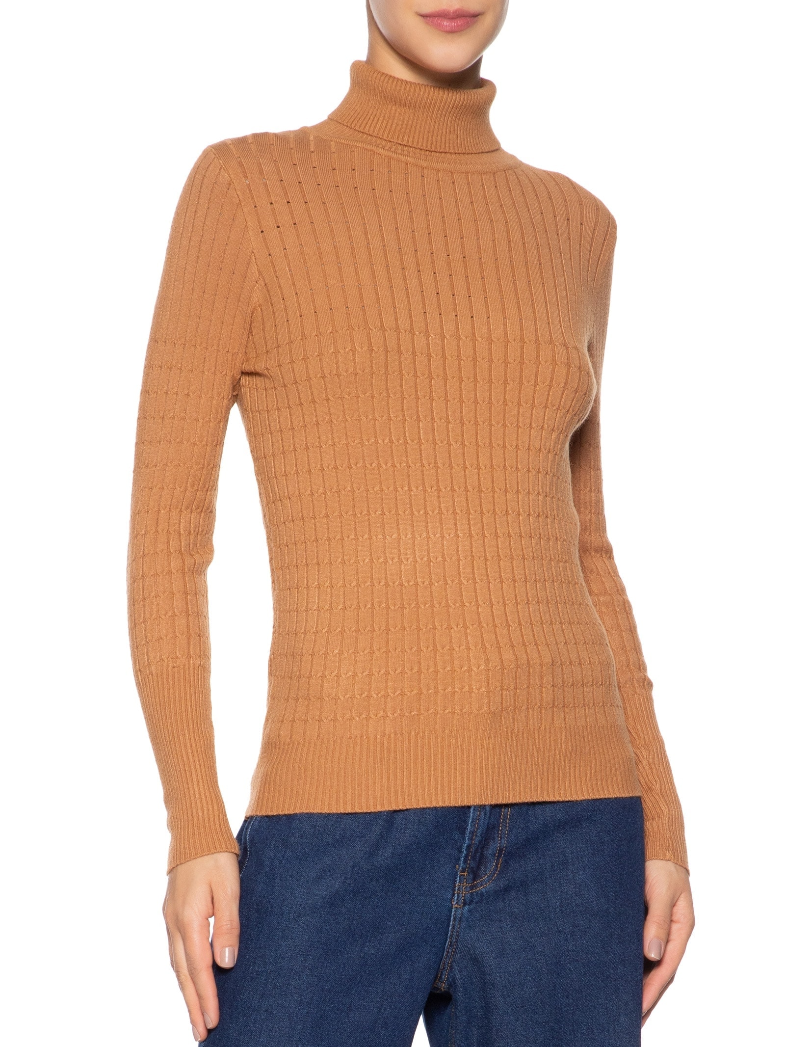Suéter Feminino Texturizado Gola Role Bege Basiq