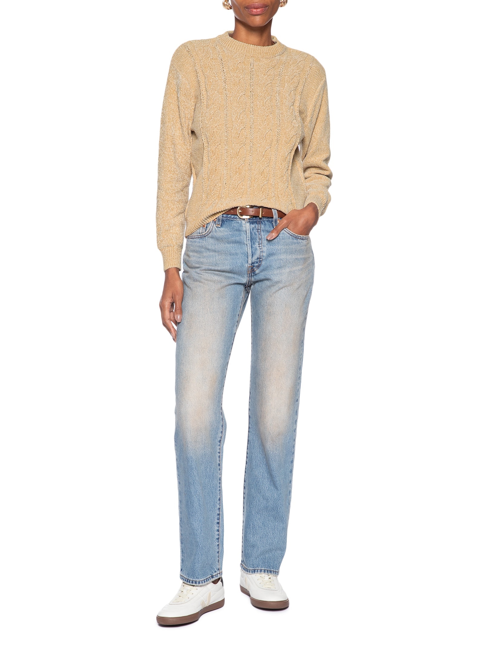 Suéter Feminino Trançado Em Tricot Bege Basiq