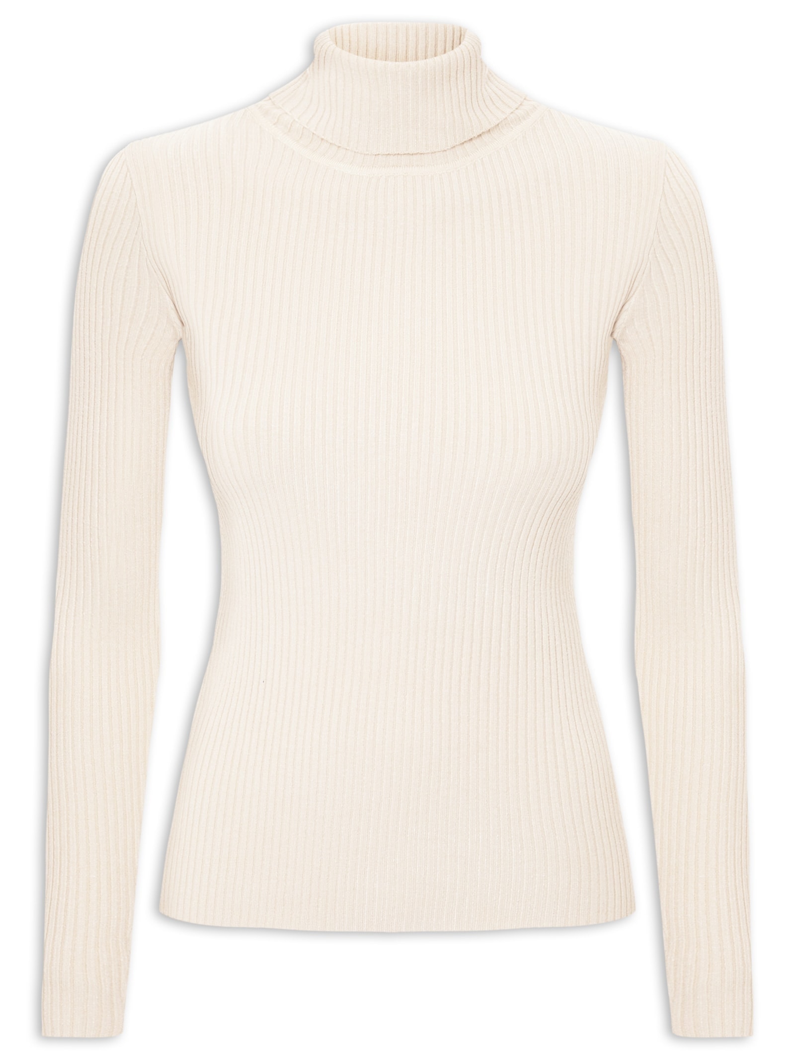 Suéter Feminino Tricot Canelado Gola Alta Bege Basiq