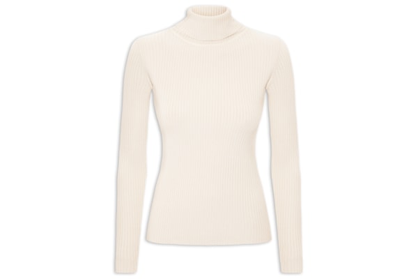 Suéter Feminino Tricot Canelado Gola Alta - Bege