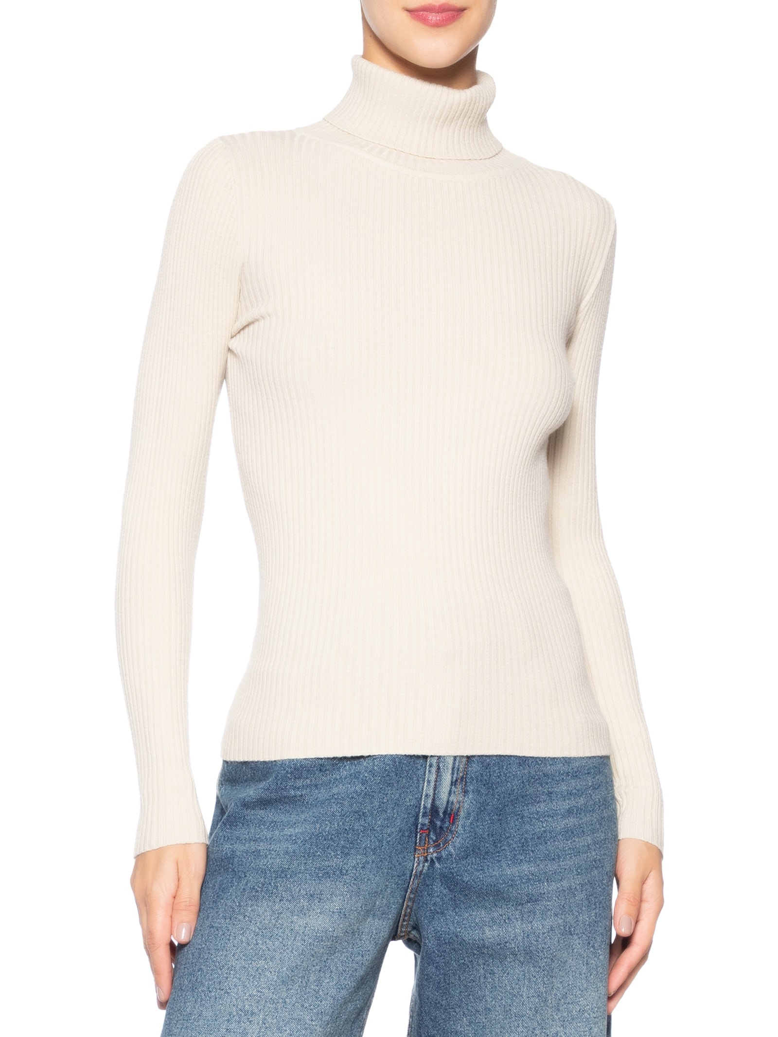 Suéter Feminino Tricot Canelado Gola Alta Bege Basiq