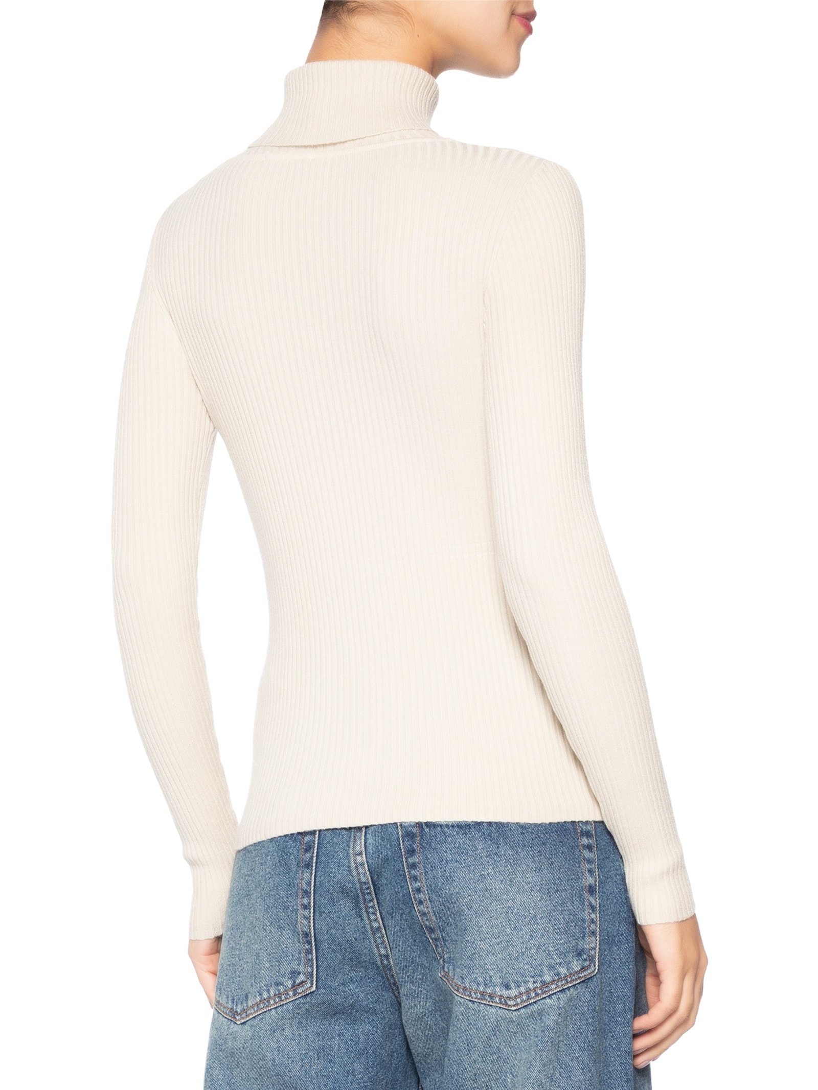 Suéter Feminino Tricot Canelado Gola Alta Bege Basiq