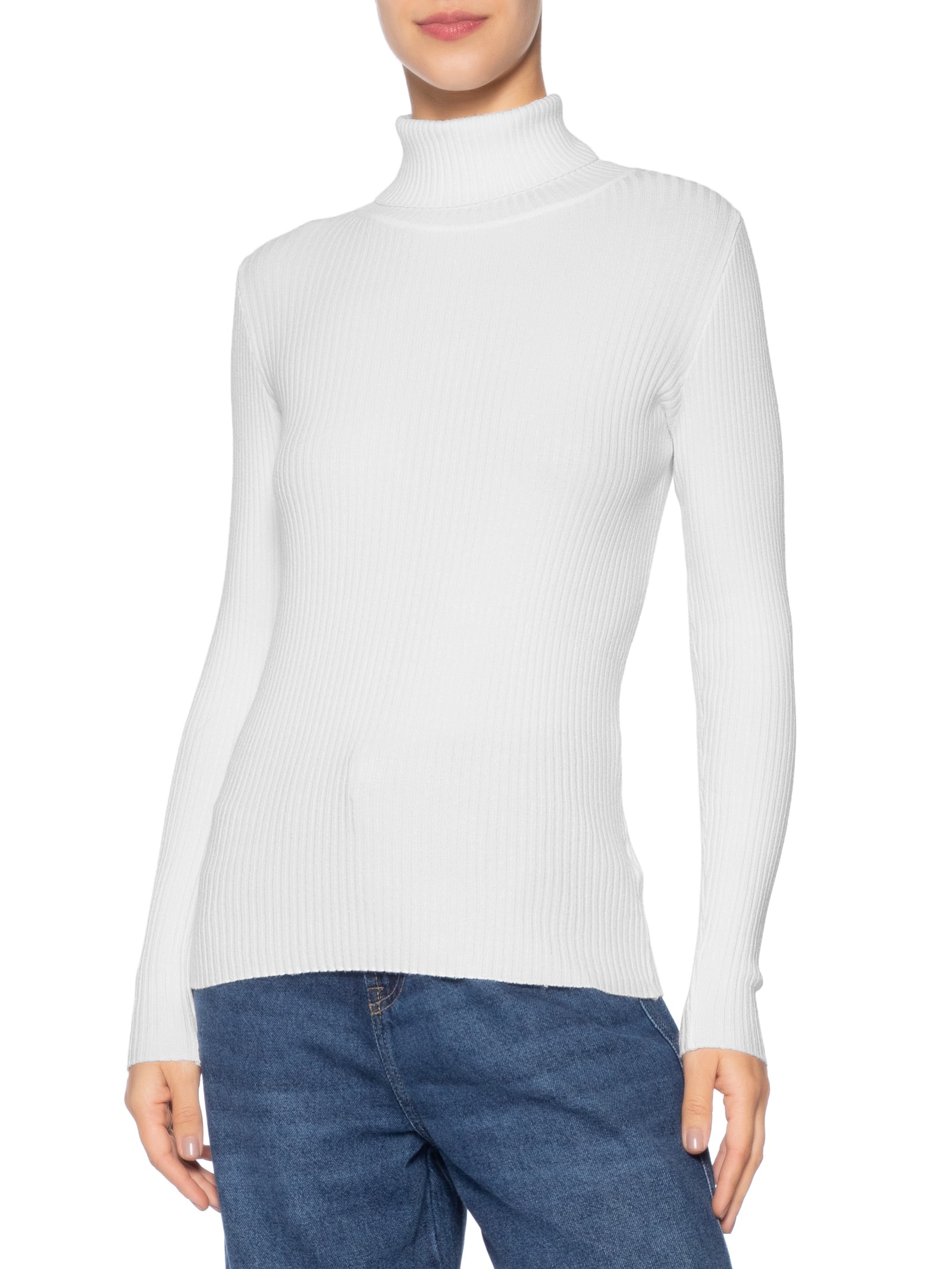 Suéter Feminino Tricot Canelado Gola Alta Branco Basiq