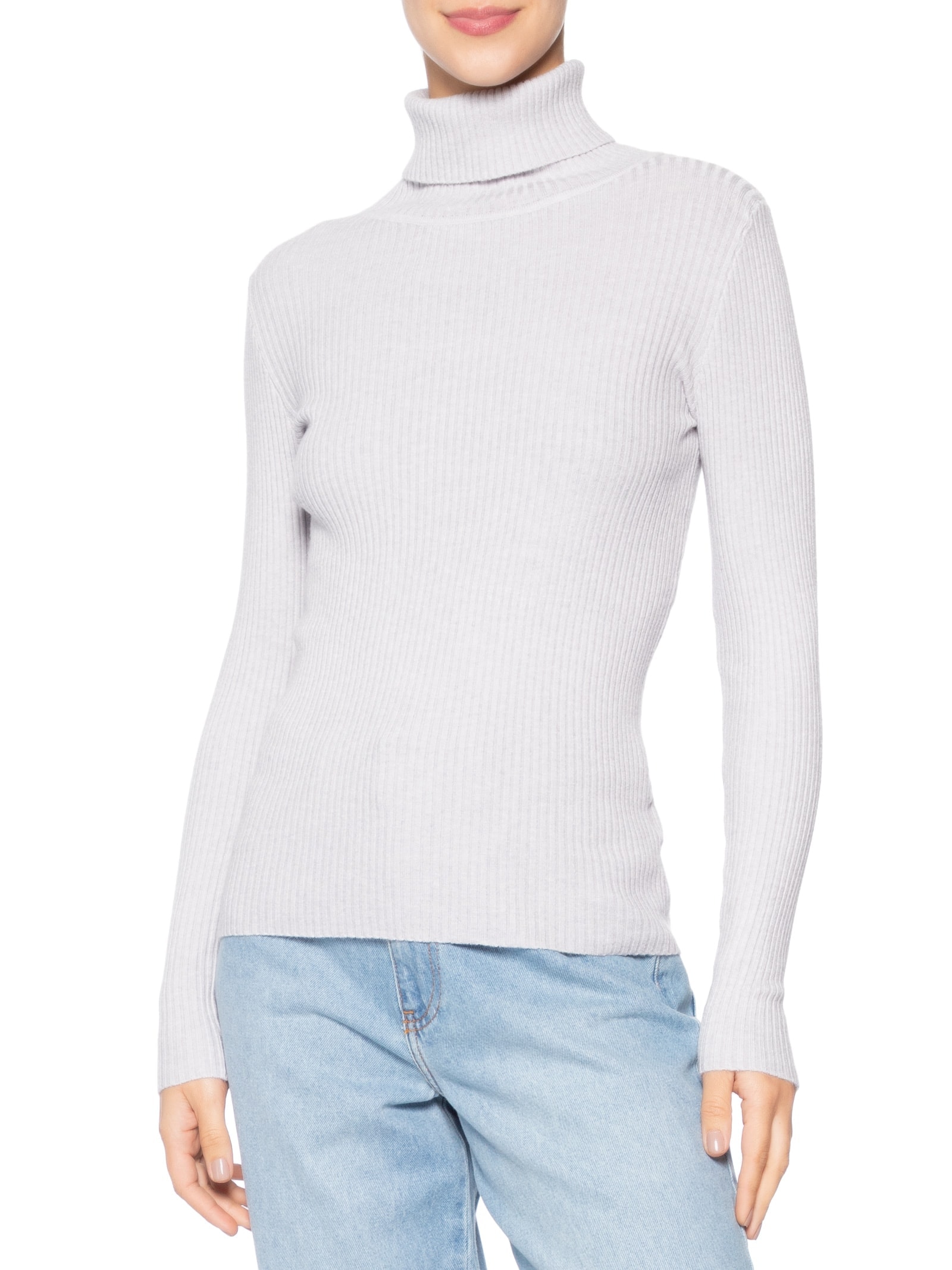 Suéter Feminino Tricot Canelado Gola Alta Cinza Basiq
