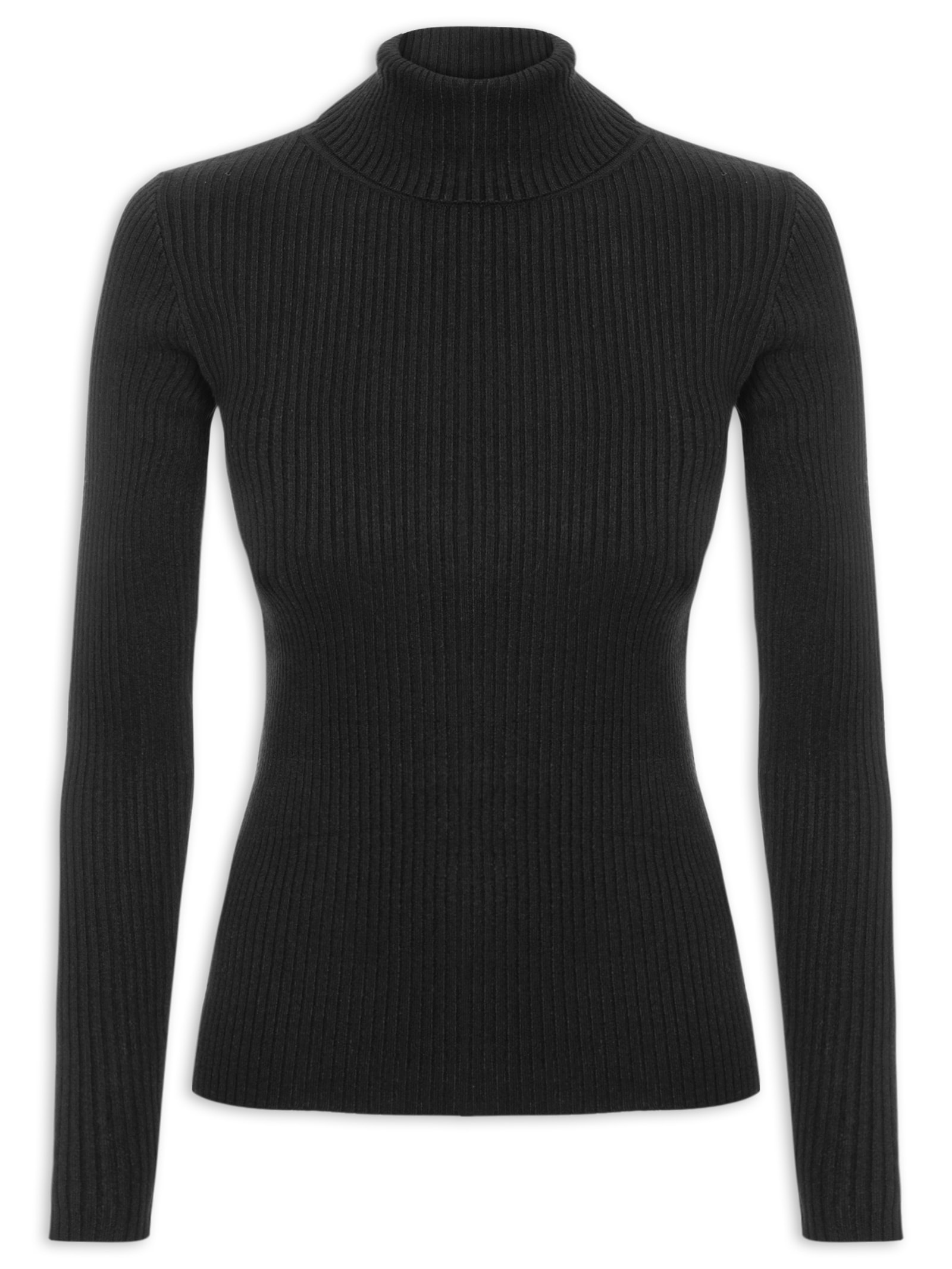 Suéter Feminino Tricot  Canelado Gola Alta Preto Basiq