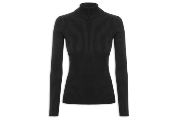 Suéter Feminino Tricot  Canelado Gola Alta - Preto
