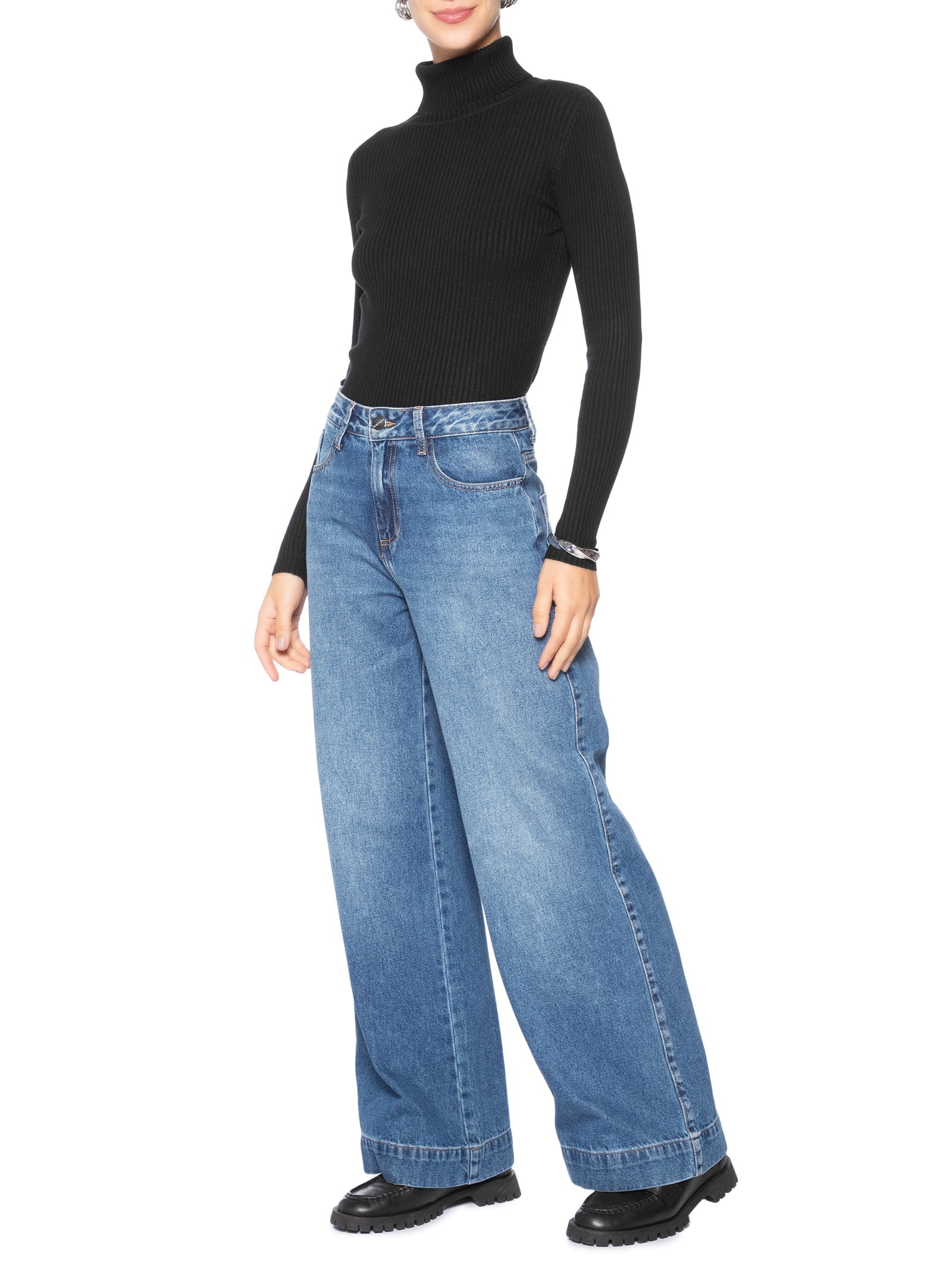 Suéter Feminino Tricot  Canelado Gola Alta Preto Basiq