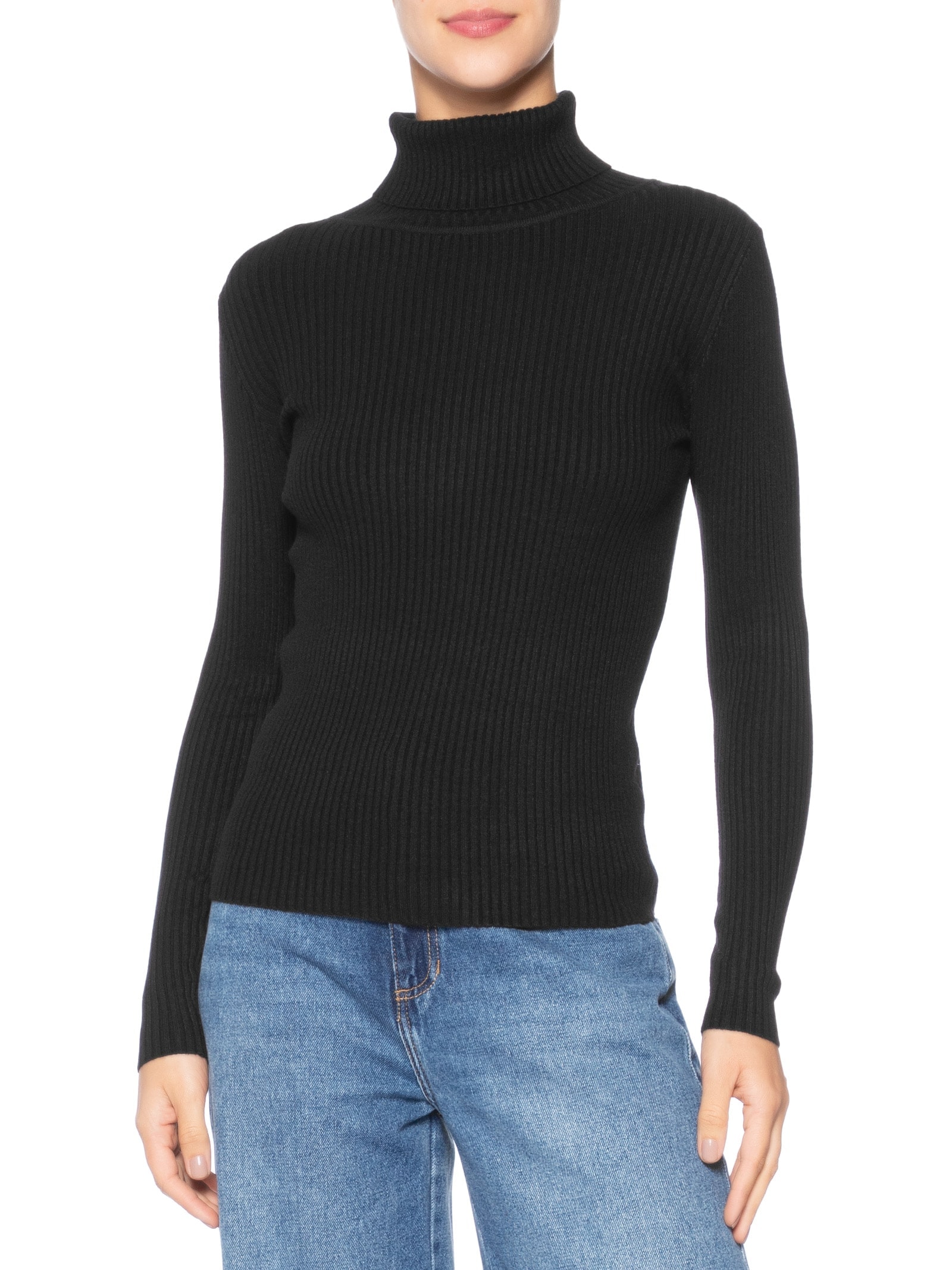 Suéter Feminino Tricot  Canelado Gola Alta Preto Basiq