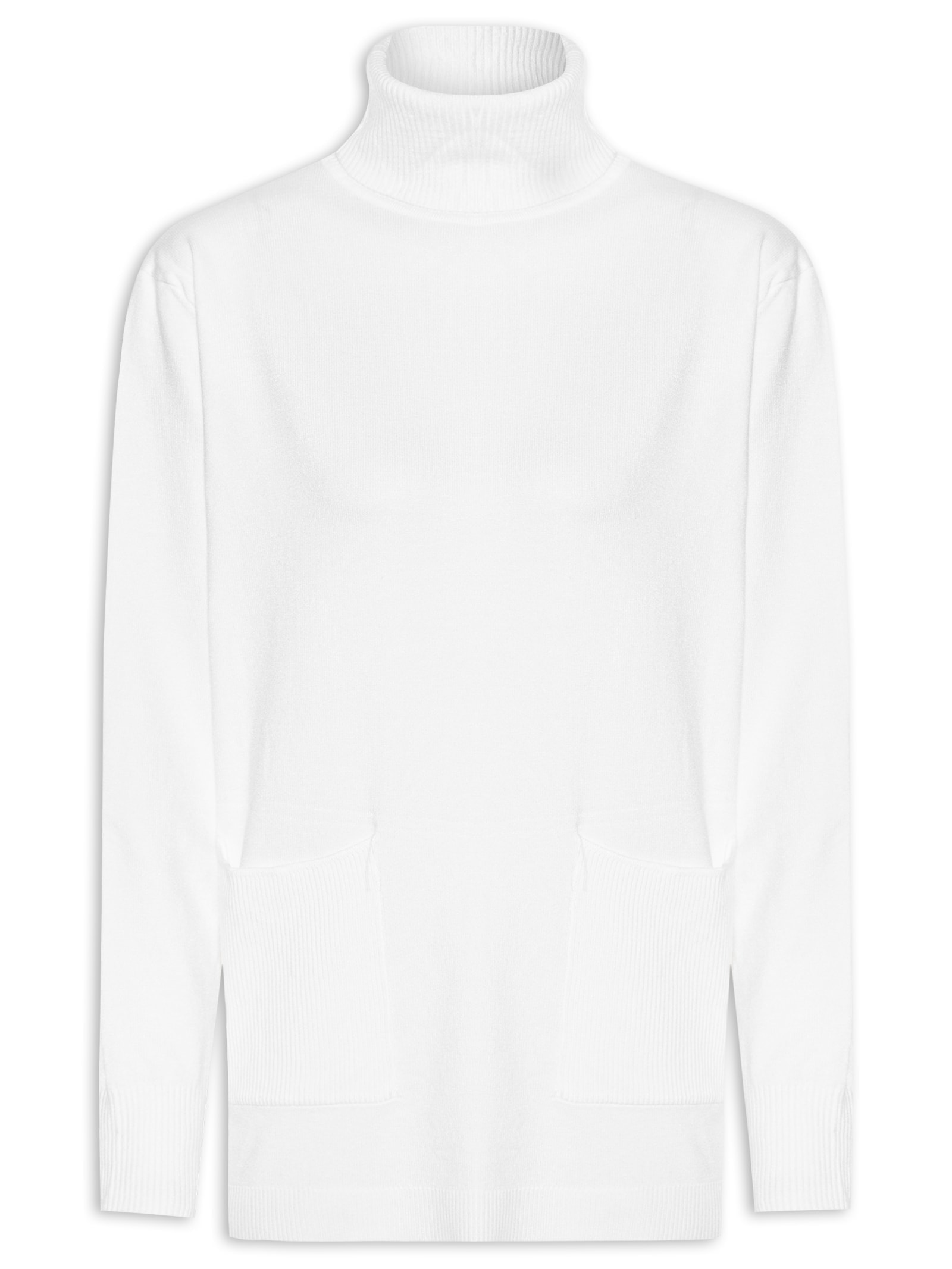Suéter Feminino Tricot Gola Alta Bolsos Frontais Branco Basiq