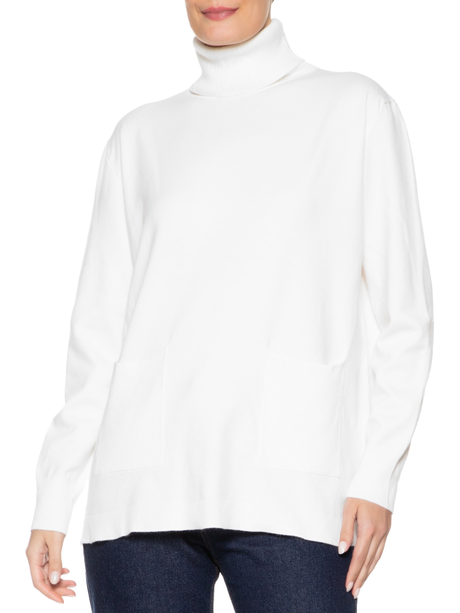 Suéter Feminino Tricot Gola Alta Bolsos Frontais Branco Basiq