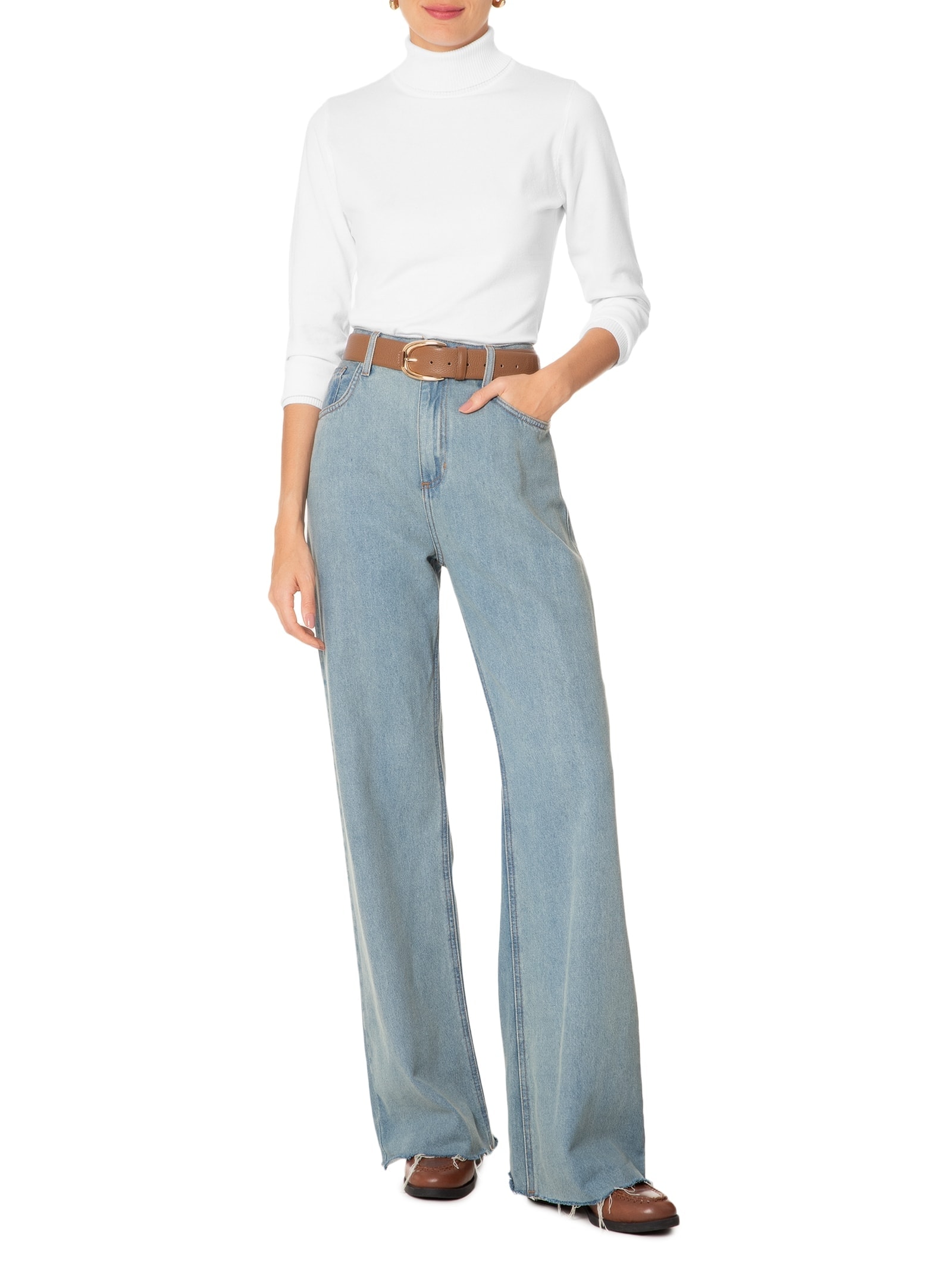 Suéter Feminino Tricot Gola Alta Branco Basiq