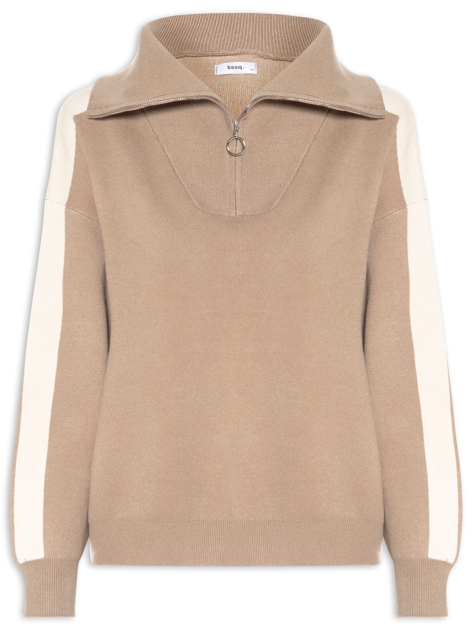 Suéter Feminino Tricot Gola Alta Com Zíper Bege Basiq