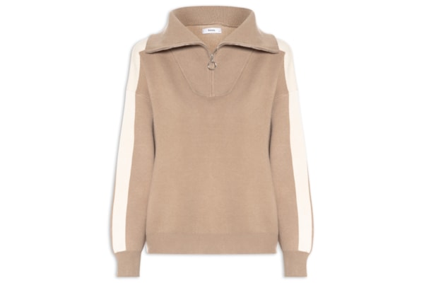 Suéter Feminino Tricot Gola Alta Com Zíper - Bege