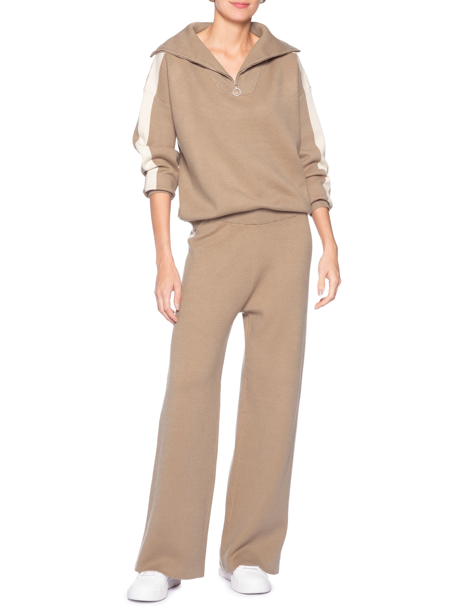 Suéter Feminino Tricot Gola Alta Com Zíper Bege Basiq