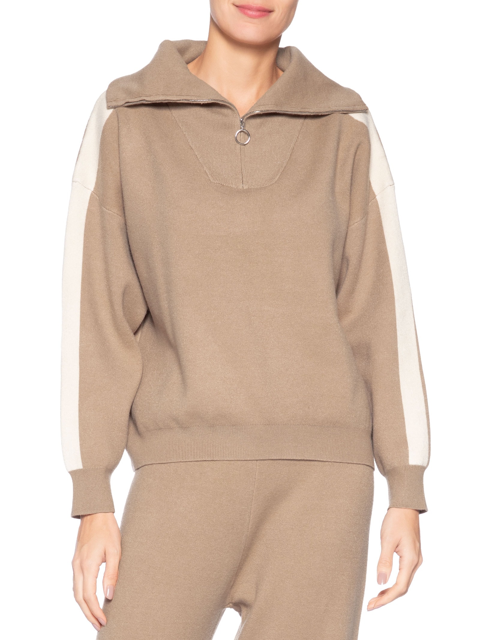 Suéter Feminino Tricot Gola Alta Com Zíper Bege Basiq