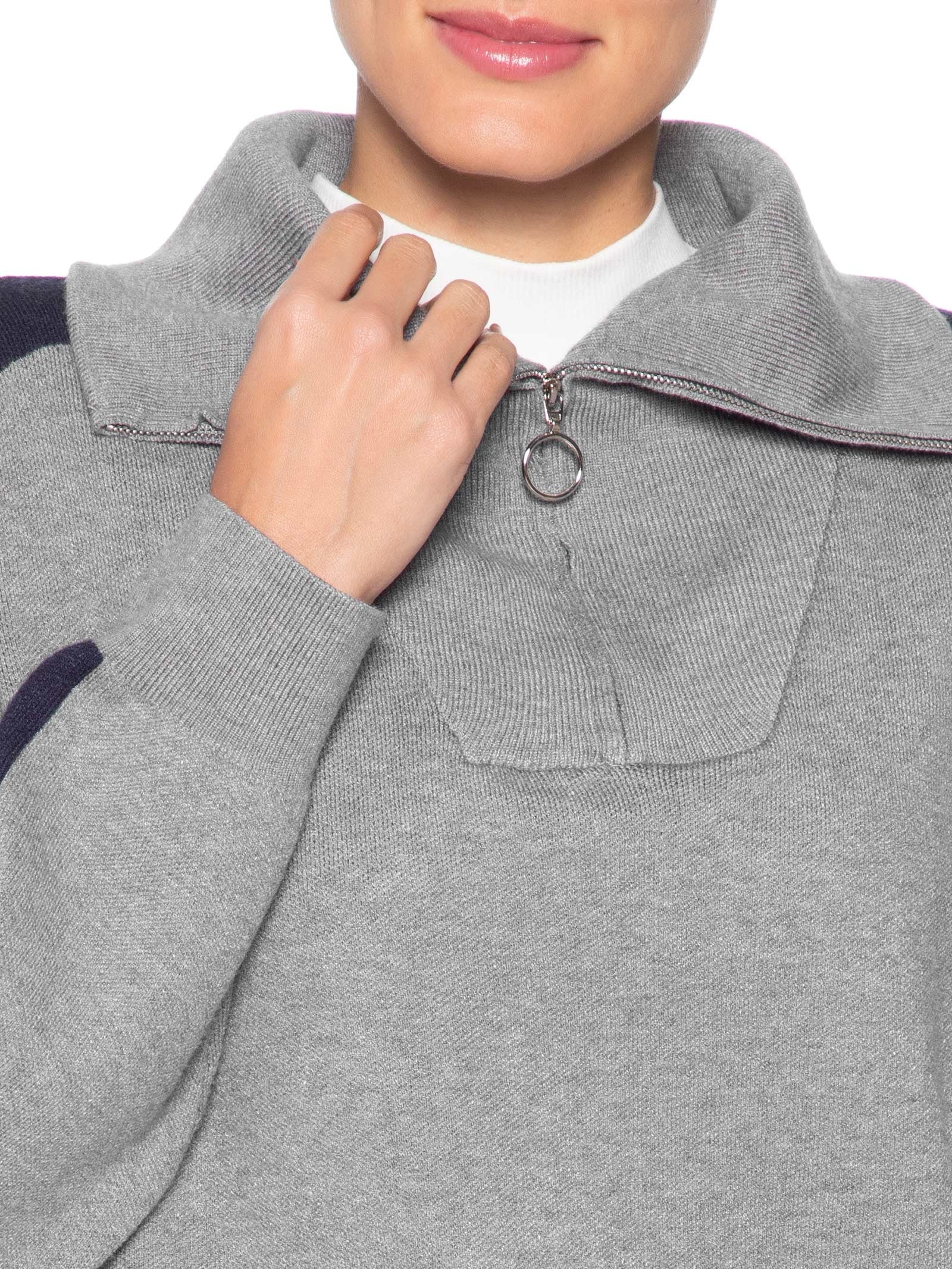Suéter Feminino Tricot Gola Alta Com Zíper Cinza Basiq