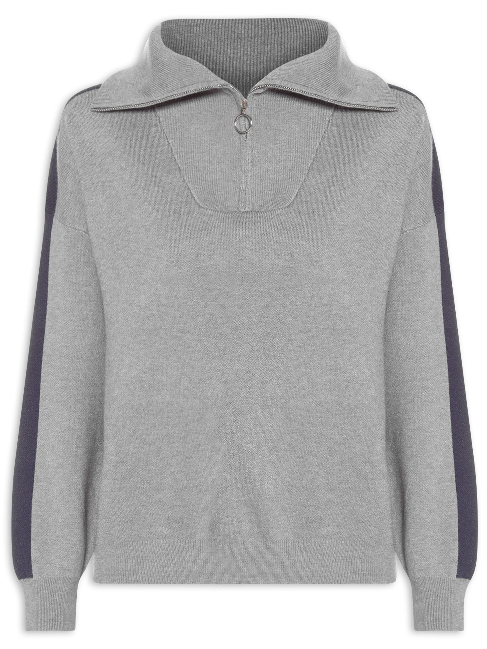 Suéter Feminino Tricot Gola Alta Com Zíper Cinza Basiq