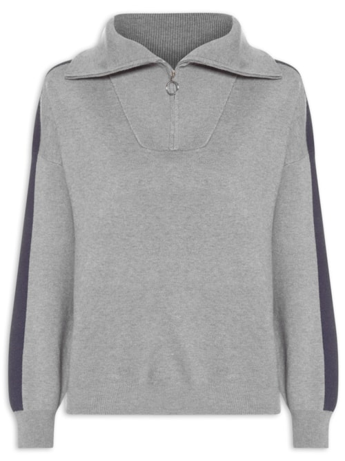 Suéter Feminino Tricot Gola Alta Com Zíper - Cinza