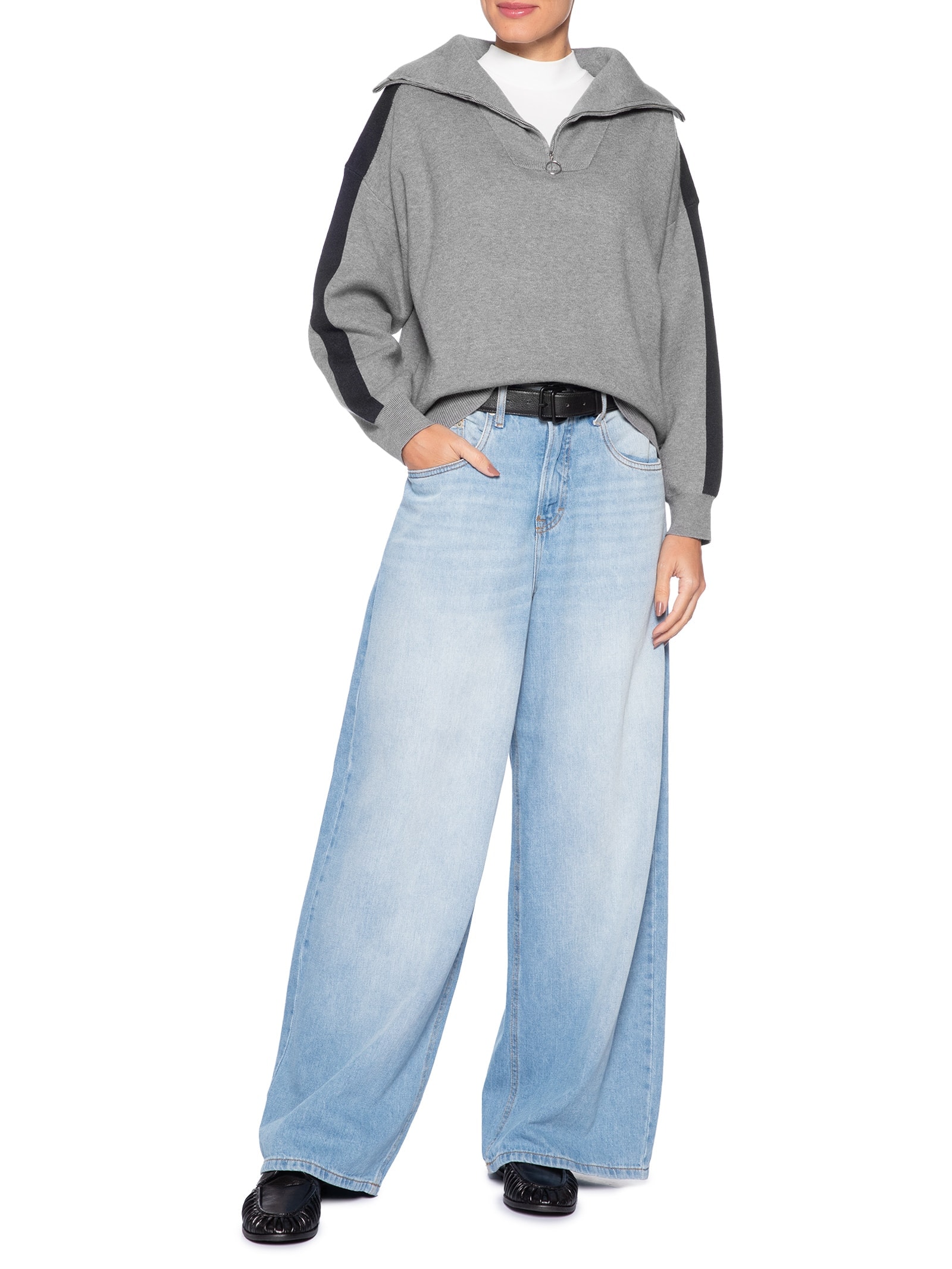 Suéter Feminino Tricot Gola Alta Com Zíper Cinza Basiq