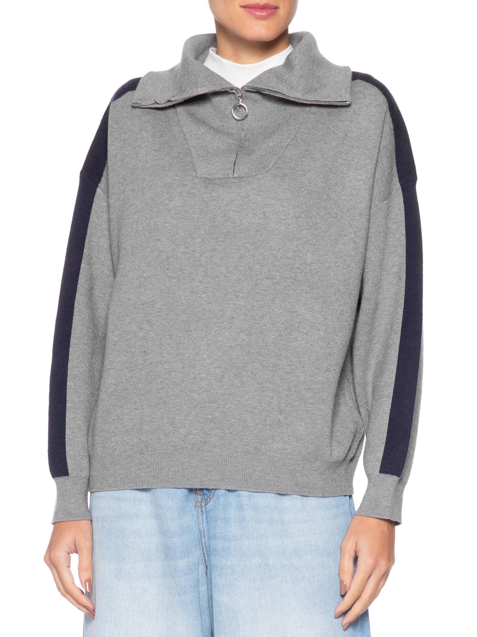 Suéter Feminino Tricot Gola Alta Com Zíper Cinza Basiq