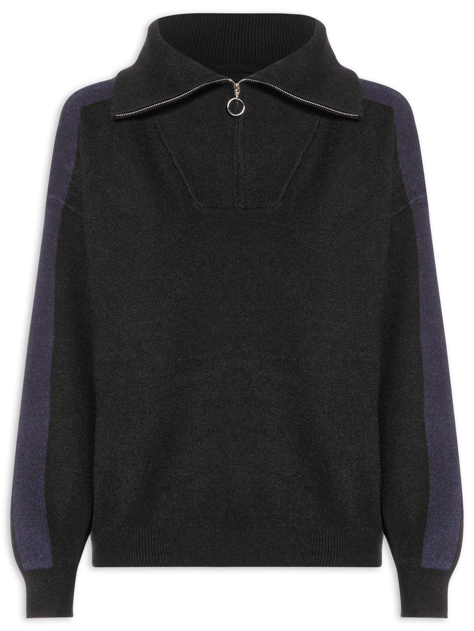 Suéter Feminino Tricot Gola Alta Com Zíper Preto Basiq