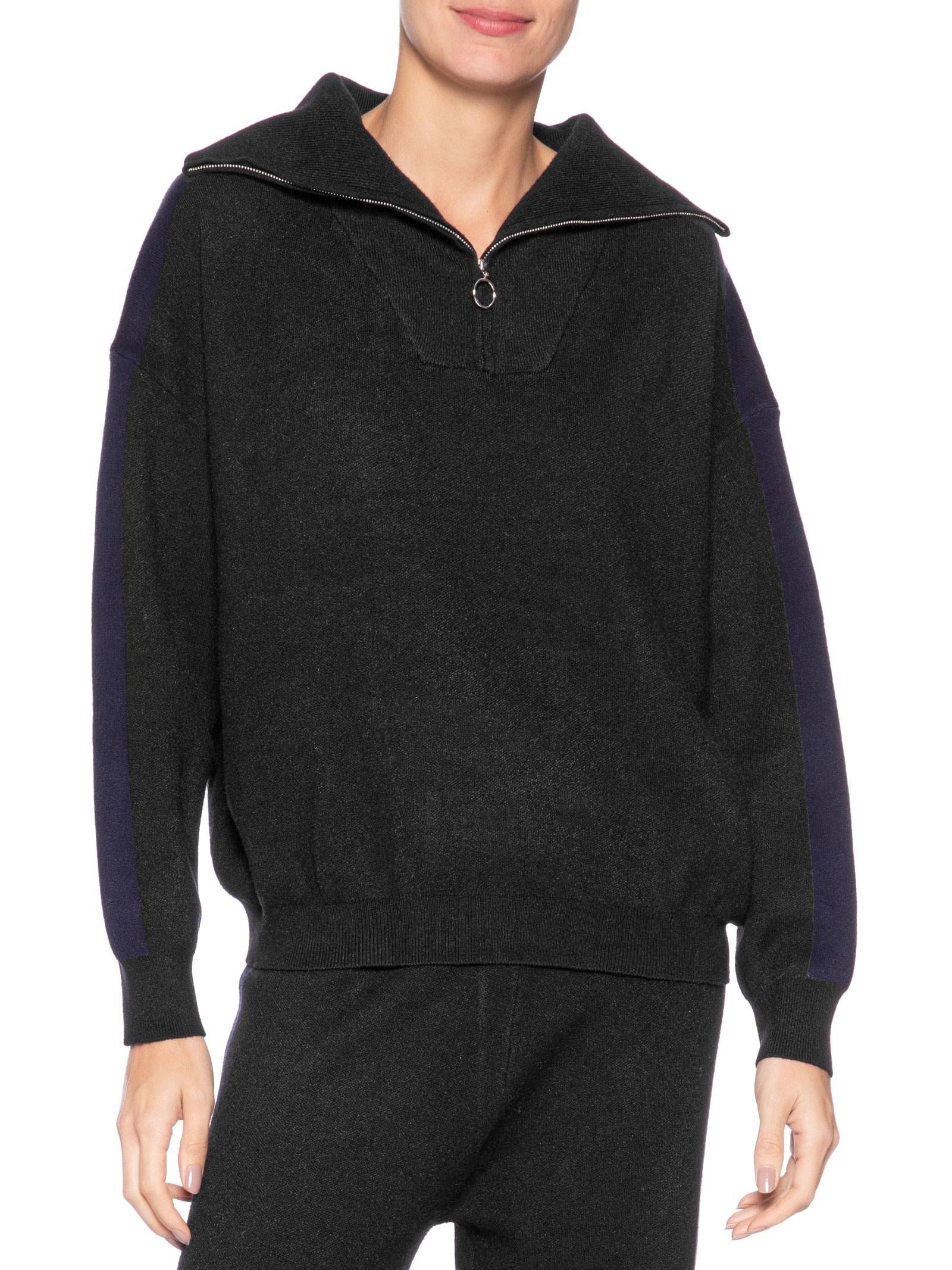 Suéter Feminino Tricot Gola Alta Com Zíper Preto Basiq