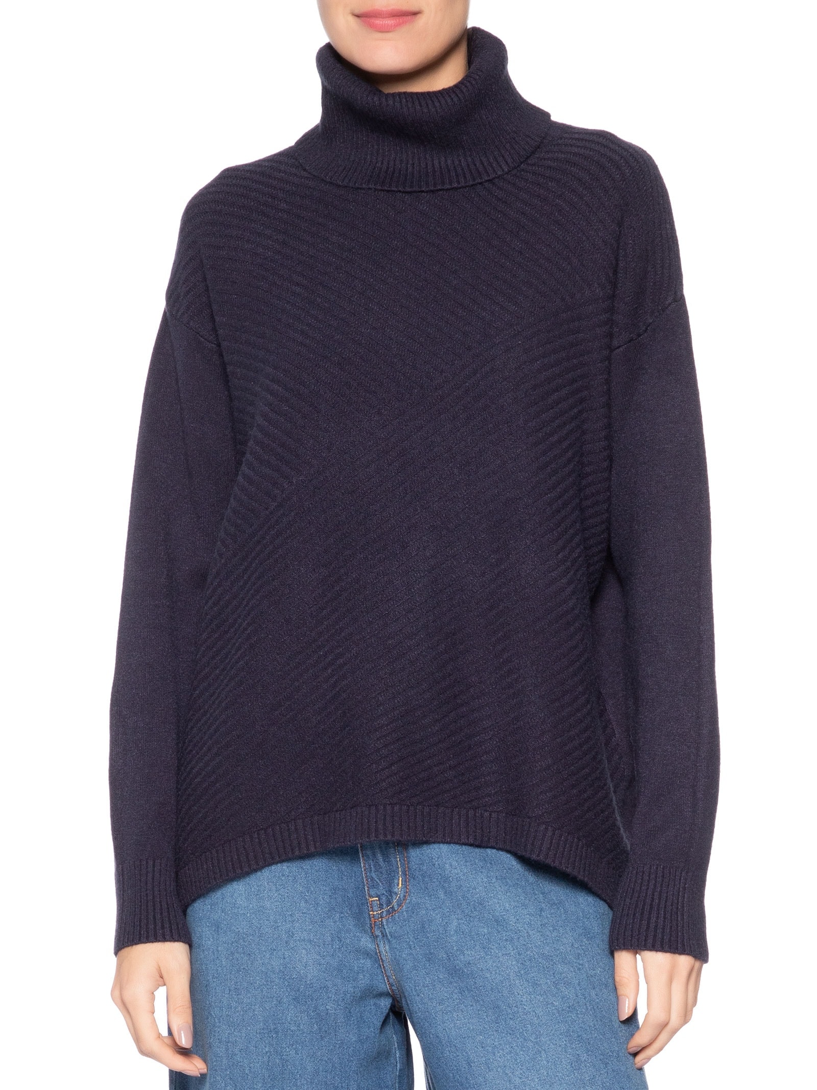 Suéter Feminino Tricot Gola Alta Texturizado Azul Basiq