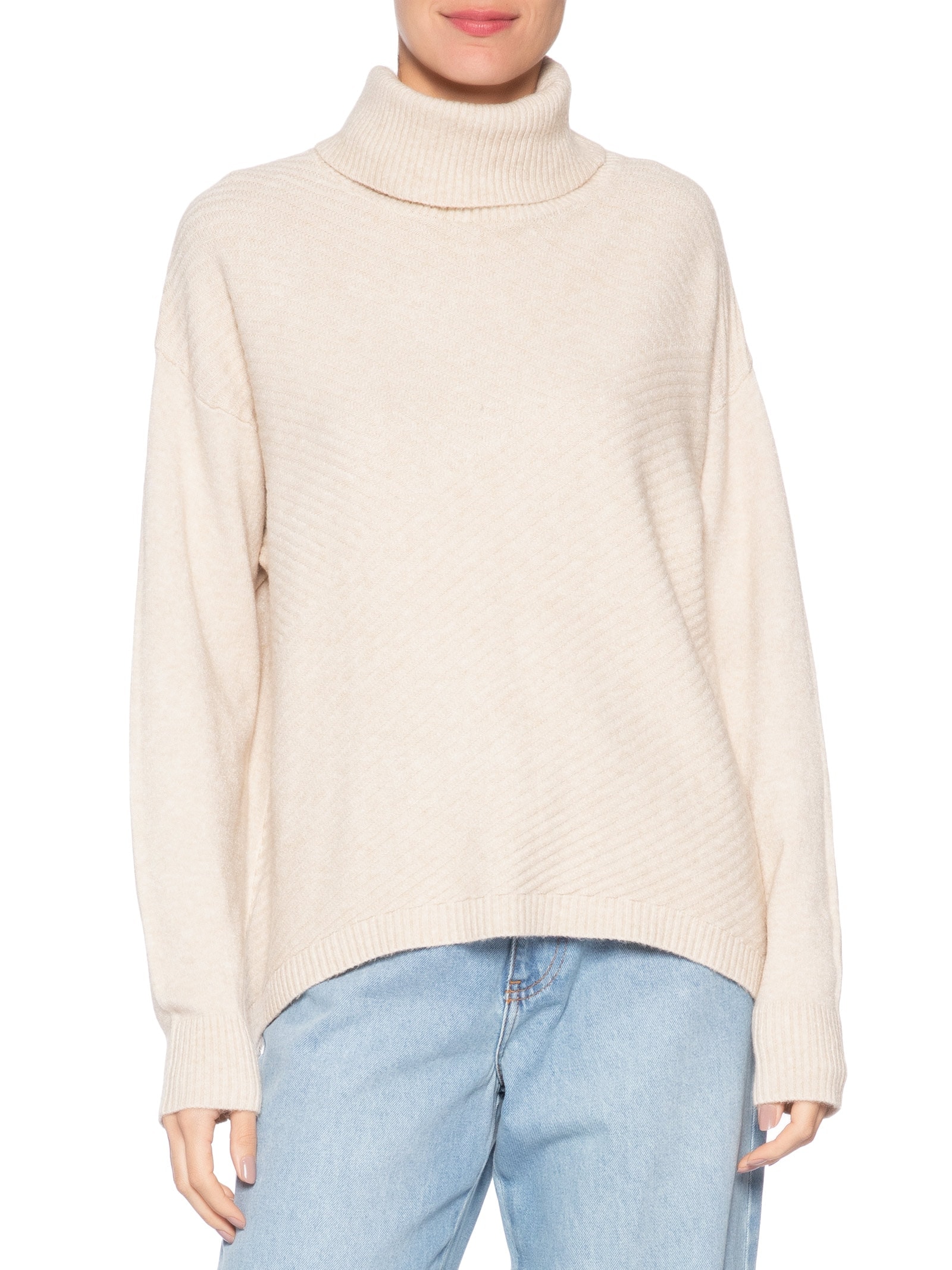 Suéter Feminino Tricot Gola Alta Texturizado Bege Basiq