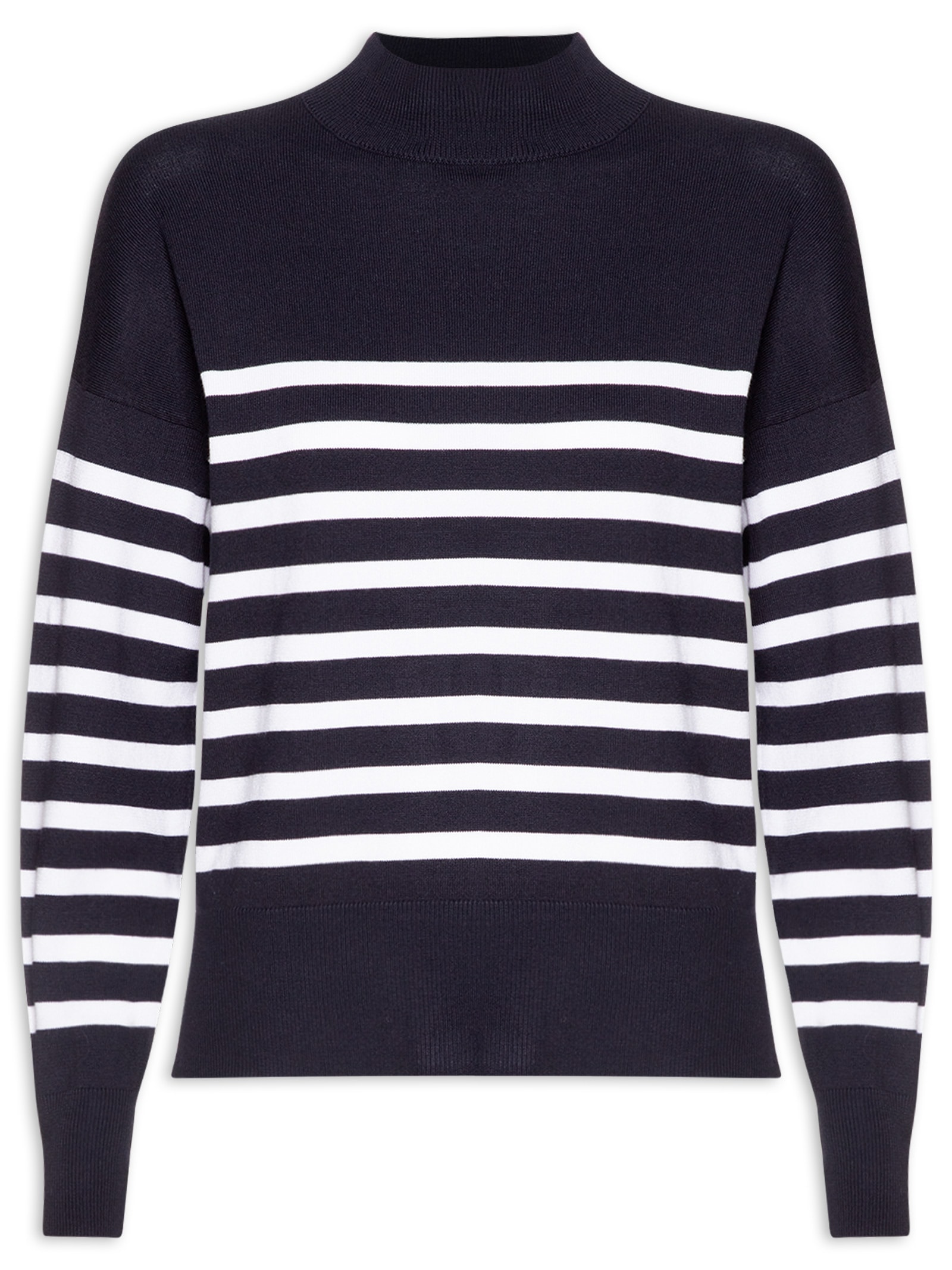 Suéter Feminino Tricot Gola Redonda Listrado Azul Basiq