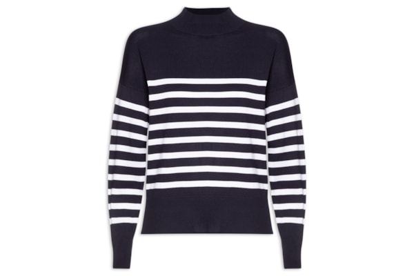 Suéter Feminino Tricot Gola Redonda Listrado - Azul