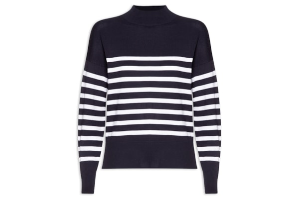 Suéter Feminino Tricot Gola Redonda Listrado - Azul