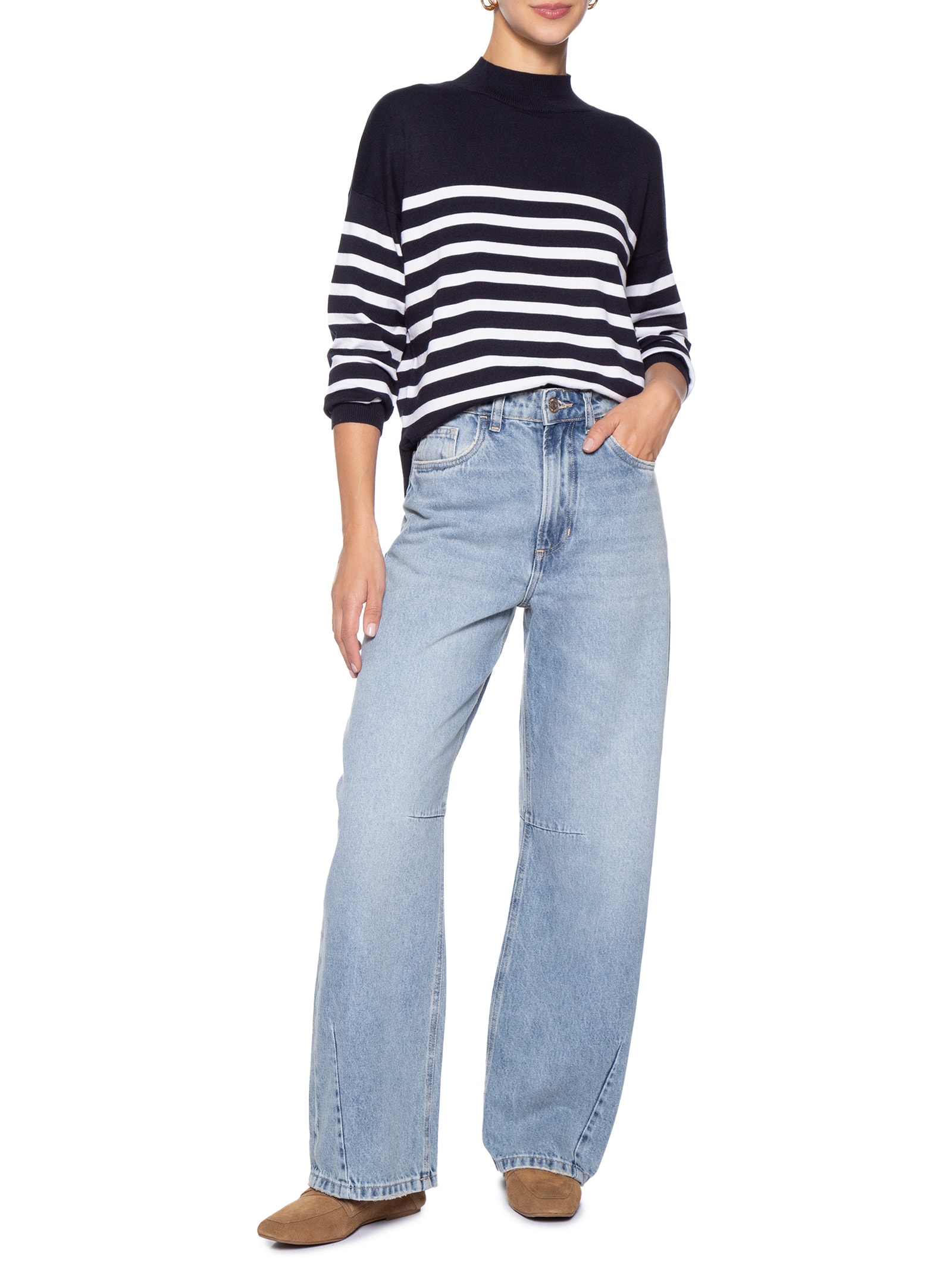 Suéter Feminino Tricot Gola Redonda Listrado Azul Basiq