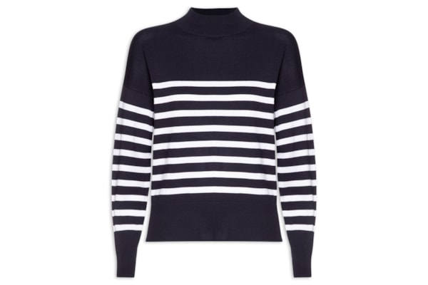 Suéter Feminino Tricot Gola Redonda Listrado - Azul