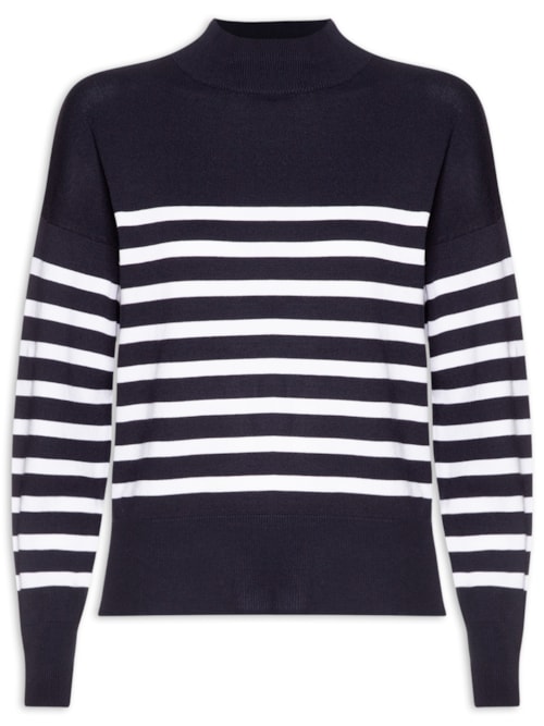 Suéter Feminino Tricot Gola Redonda Listrado - Azul