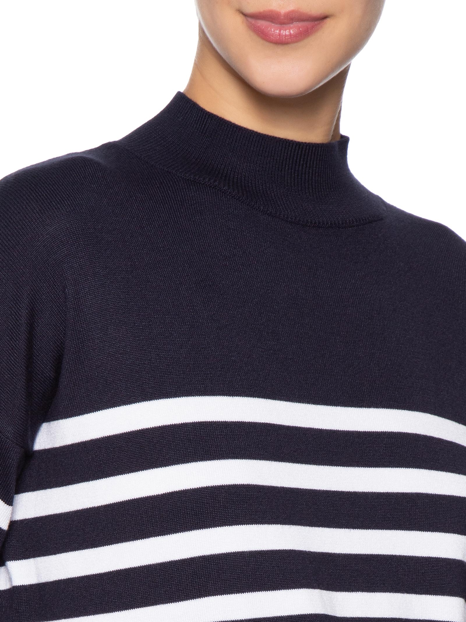 Suéter Feminino Tricot Gola Redonda Listrado Azul Basiq