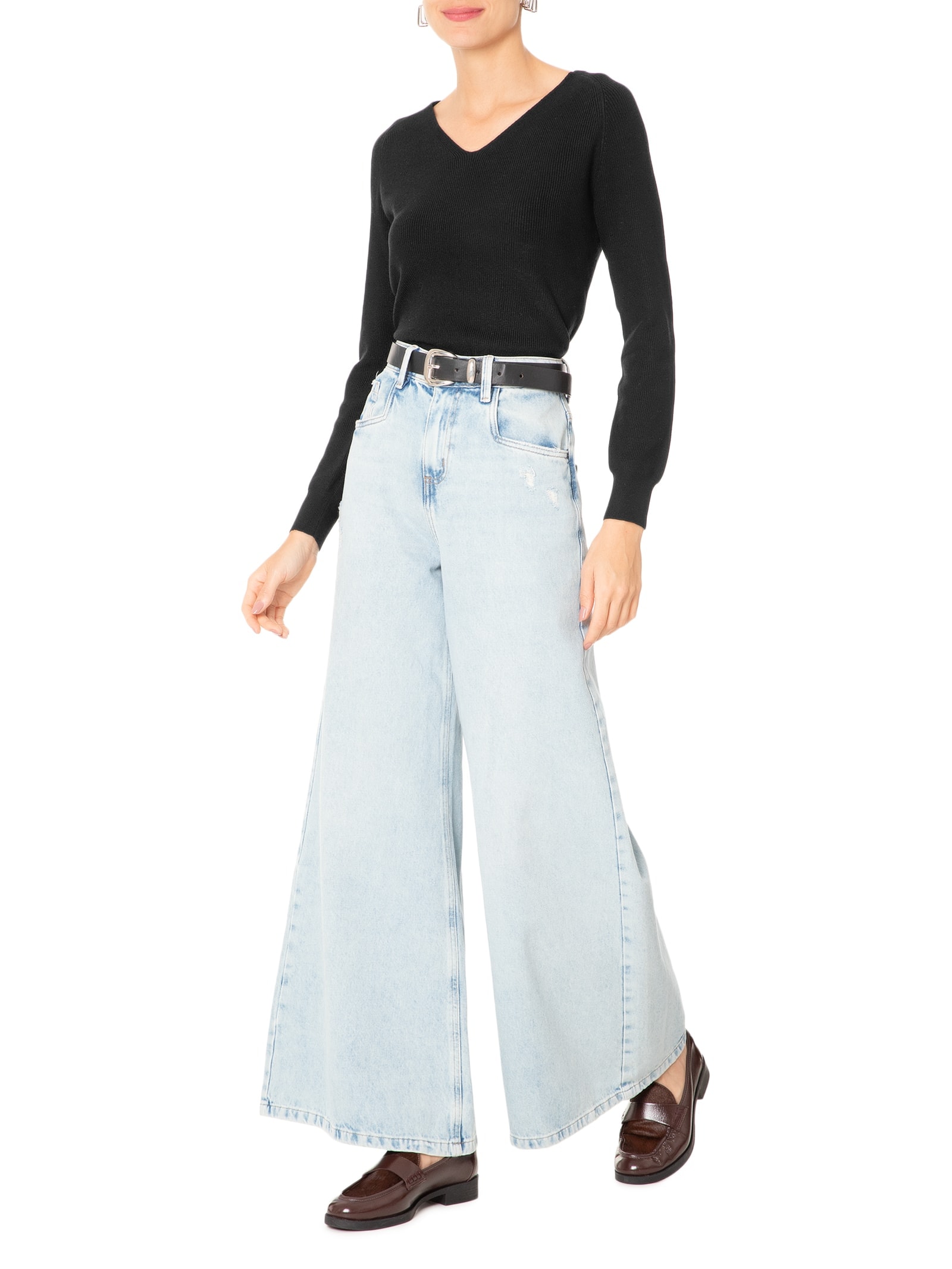 Suéter Feminino Tricot Gola V Preto Basiq