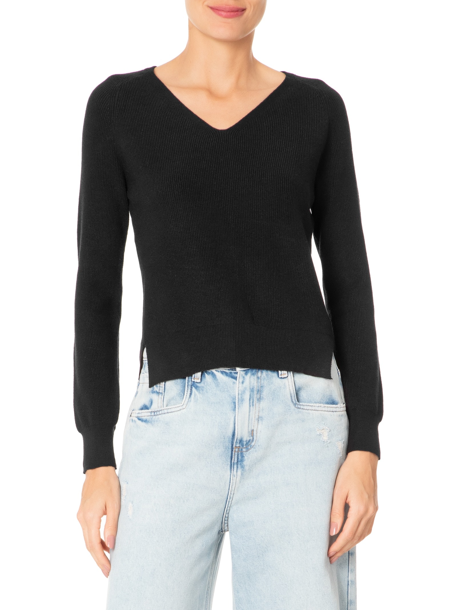 Suéter Feminino Tricot Gola V Preto Basiq