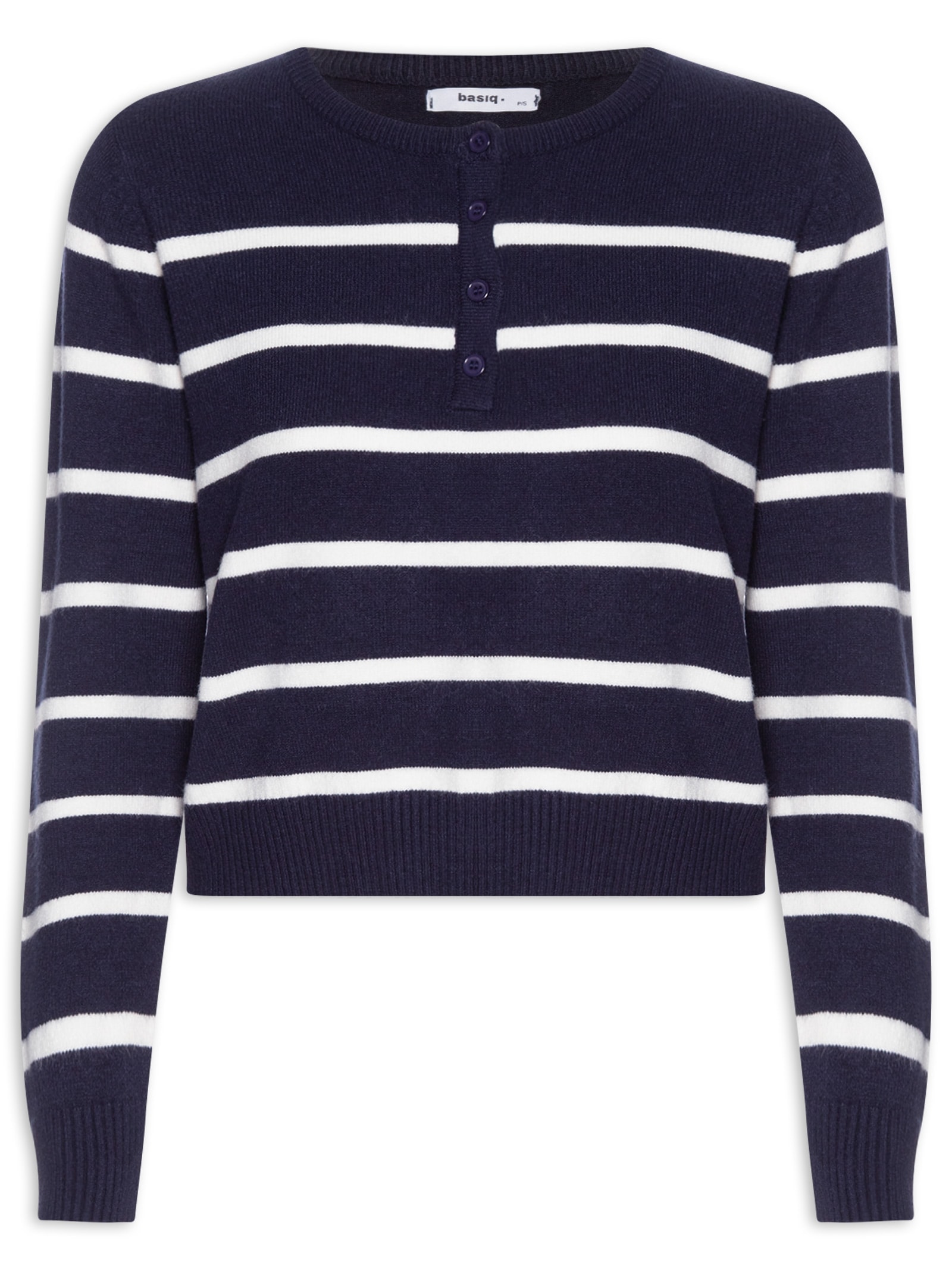Suéter Feminino Tricot Listrado Com Botão Azul Basiq
