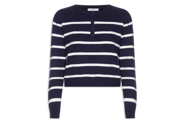 Suéter Feminino Tricot Listrado Com Botão - Azul