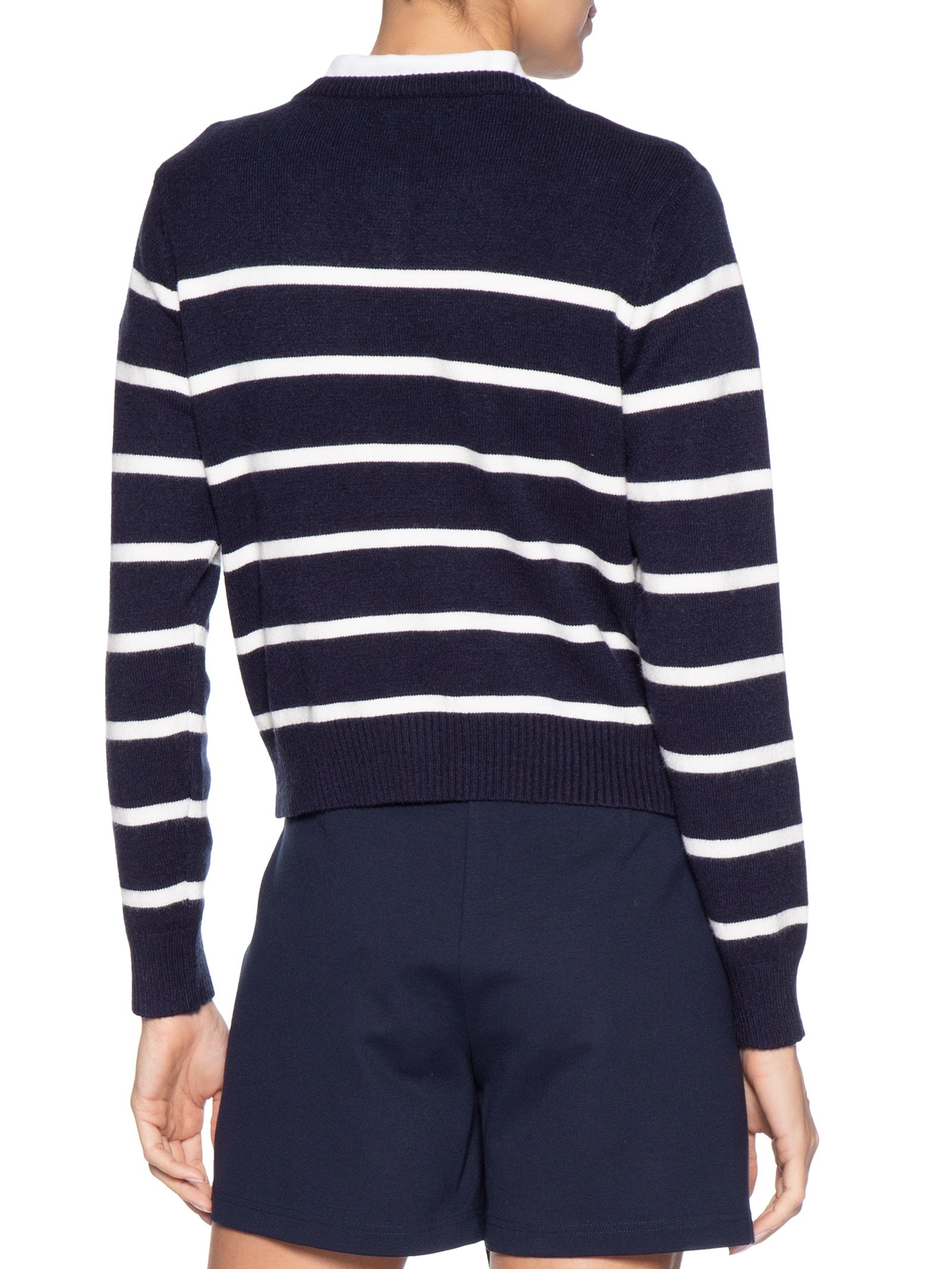 Suéter Feminino Tricot Listrado Com Botão Azul Basiq