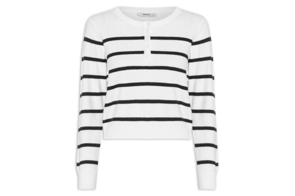 Suéter Feminino Tricot Listrado Com Botão - Branco